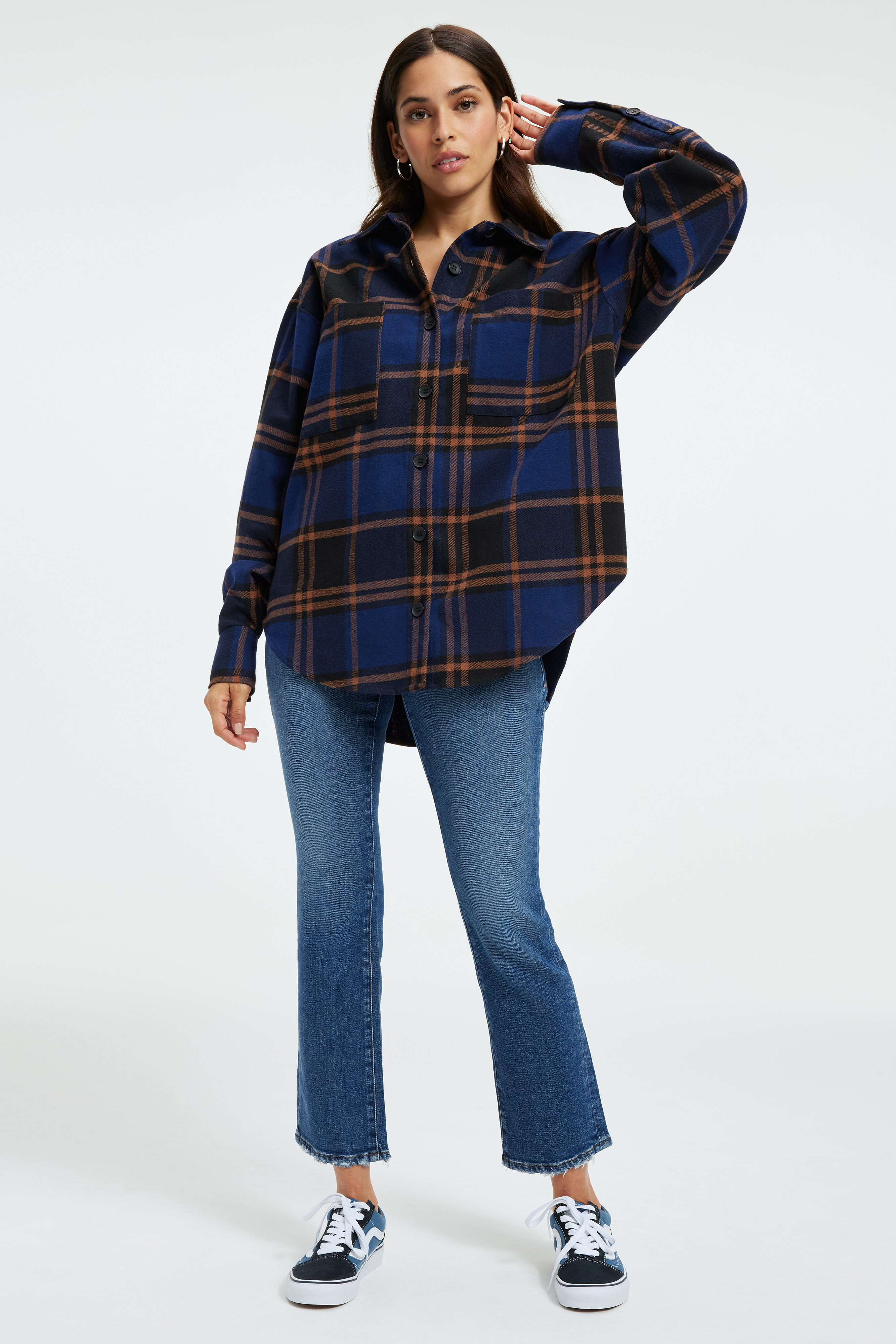 UNISEX FLANNEL SHIRT in BLUE RINSE LARGE PLAID styled with our GOOD LEGS CROPPED MINI BOOT JEANS in BLUE811, GOOD LEGS CROPPED MINI BOOT JEANS in INDIGO350, or GOOD LEGS FLARE JEANS in BLACK287
