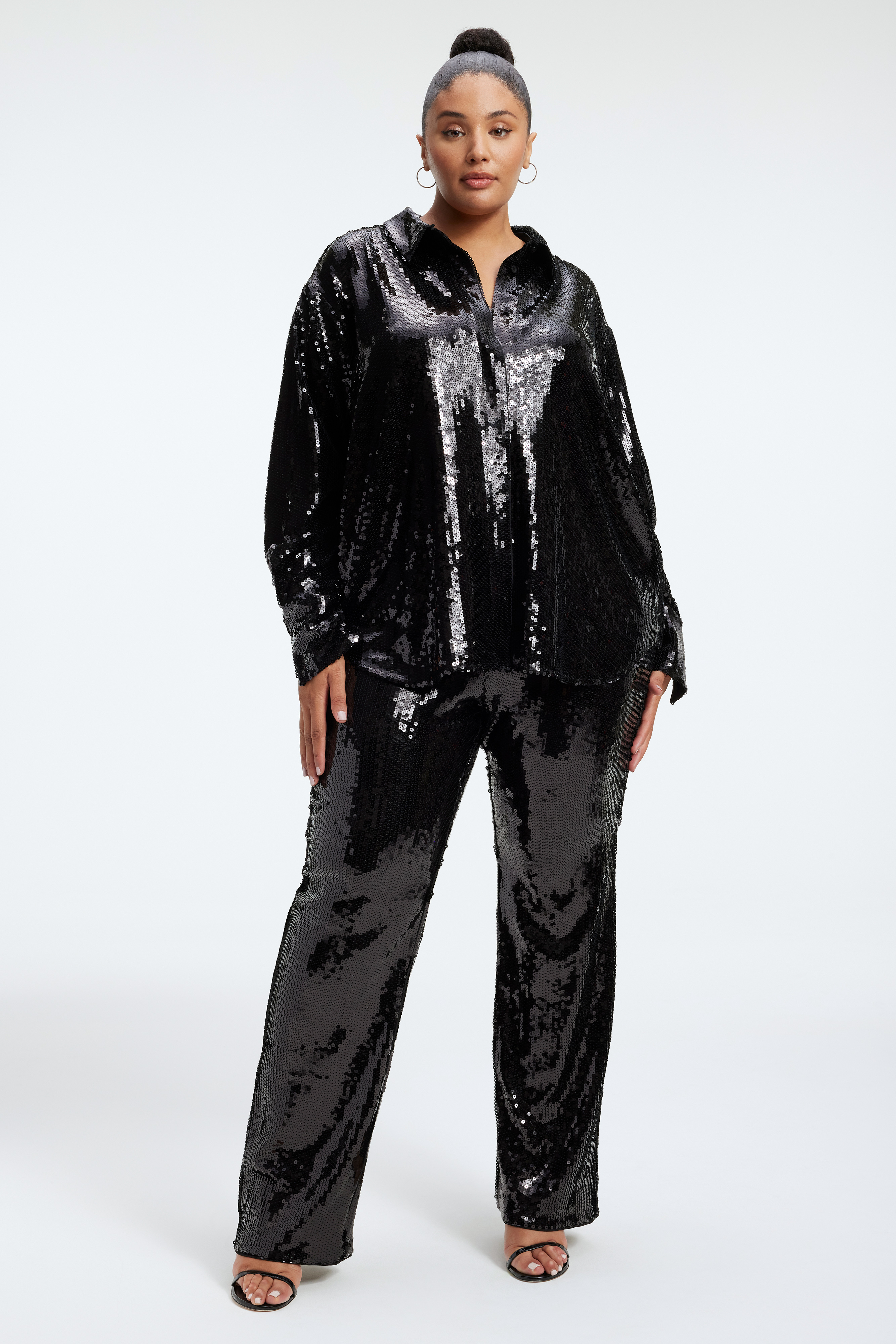 SEQUIN PARTY SHIRT in BLACK001 styled with our SEQUIN PARTY PANT in BLACK001, or VELVET TROUSER PANTS in BLACK001