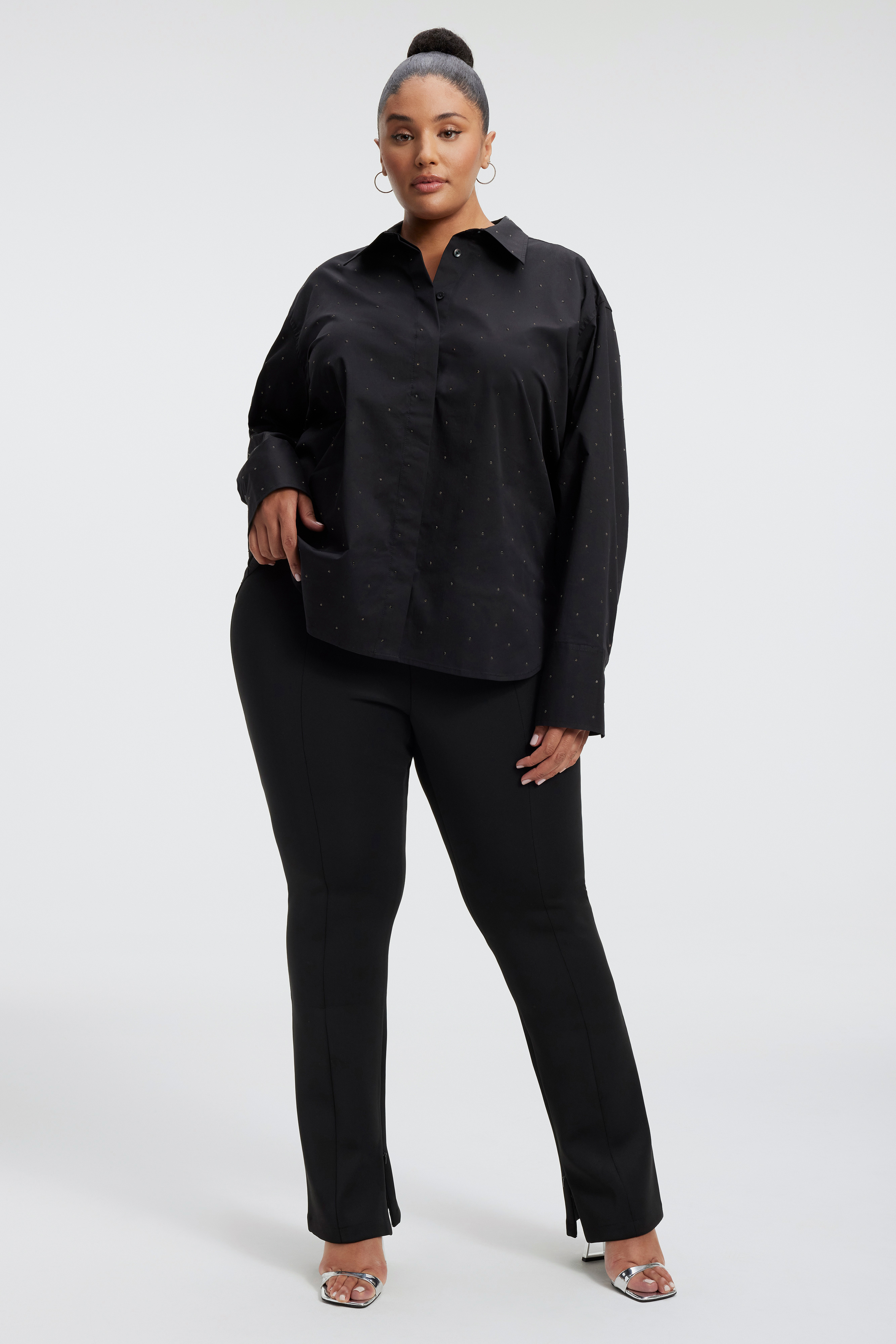 CRYSTAL GOOD SHIRT in BLACK001 styled with our SCUBA SLIM FLARE PANT in BLACK001, SCUBA BOOTCUT in BLACK001, or HIGH SHINE COMPRESSION BOOTCUT TROUSER in BLACK001