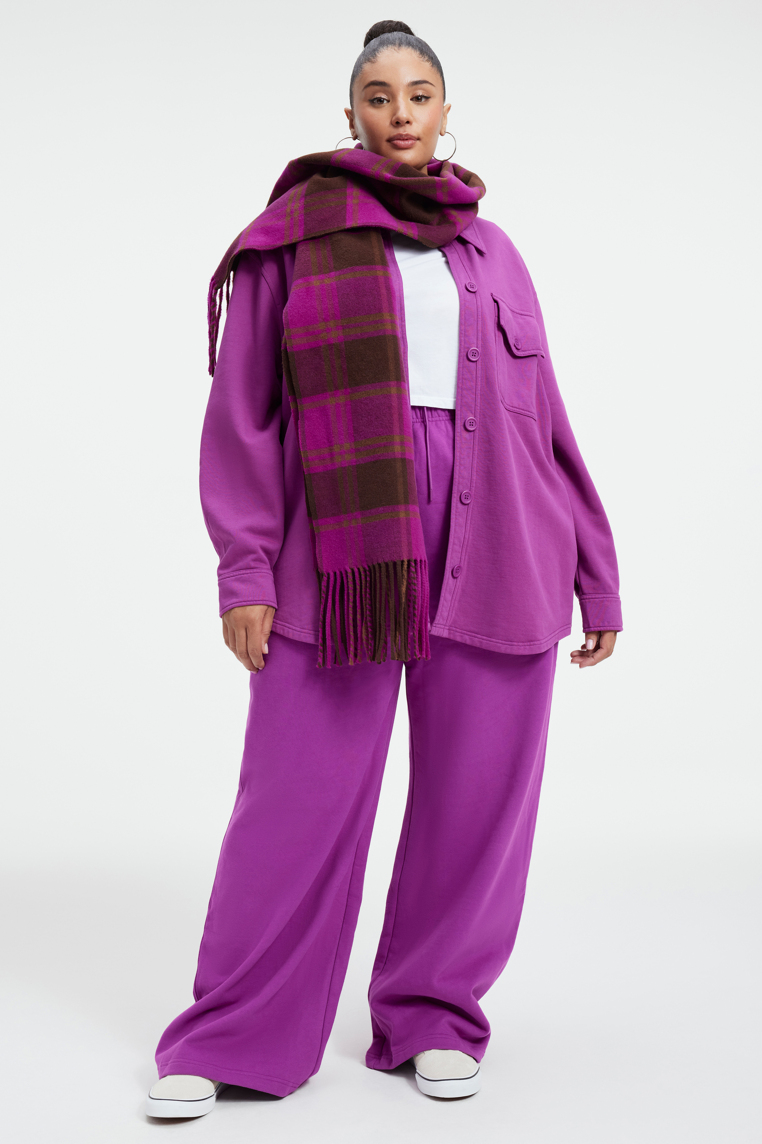 FLEECE SHACKET in POWER PURPLE styled with our SUEDED FLEECE EXTRA WIDE LEG in POWER PURPLE, SCUBA CREW BODYSUIT in WHITE001, or CLASSIC SOFT SCARF in POWER PURPLE LARGE PLAID