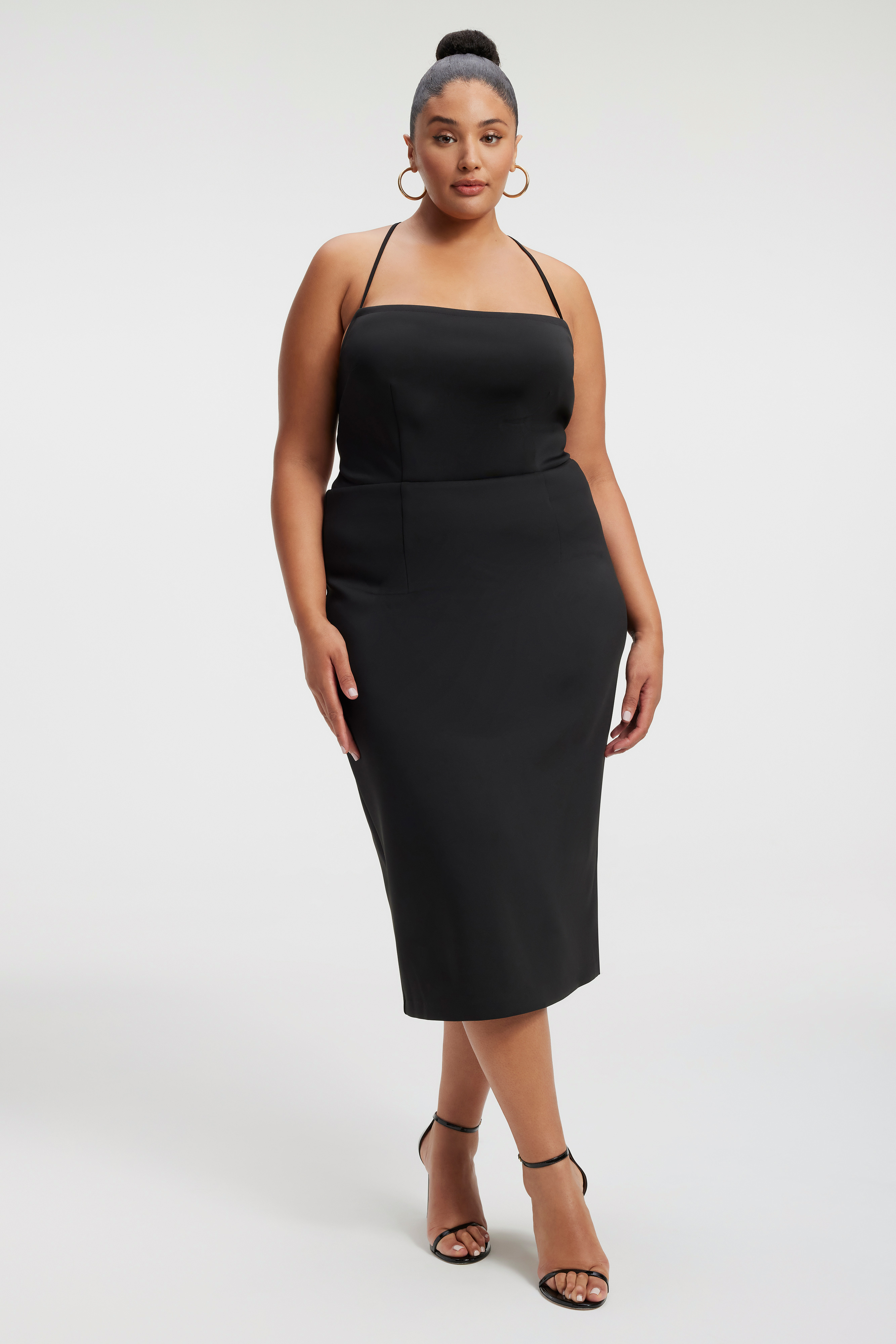SHINY SCUBA VACAY MIDI DRESS in BLACK001 styled with our DIAMONDS FOREVER HEEL in LIGHTSMOKE001, CLASSIC HEEL in BLACK001, or CINDER-F*CKING-RELLA JEWELED MULE in BLACK SATIN001