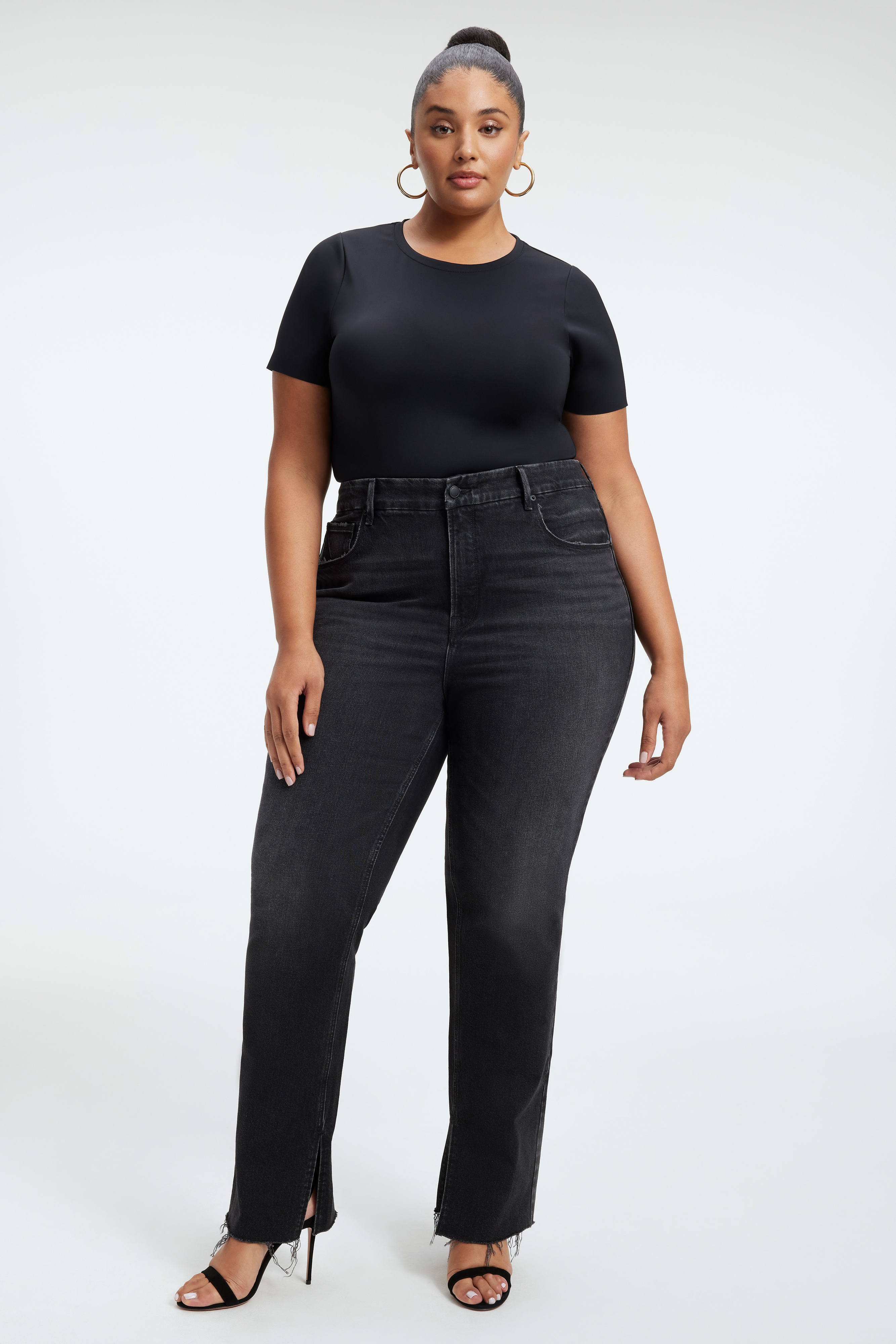 GOOD ICON STRAIGHT JEANS in BLACK226 styled with our SCUBA SHORT SLEEVE BODYSUIT in BLACK001,