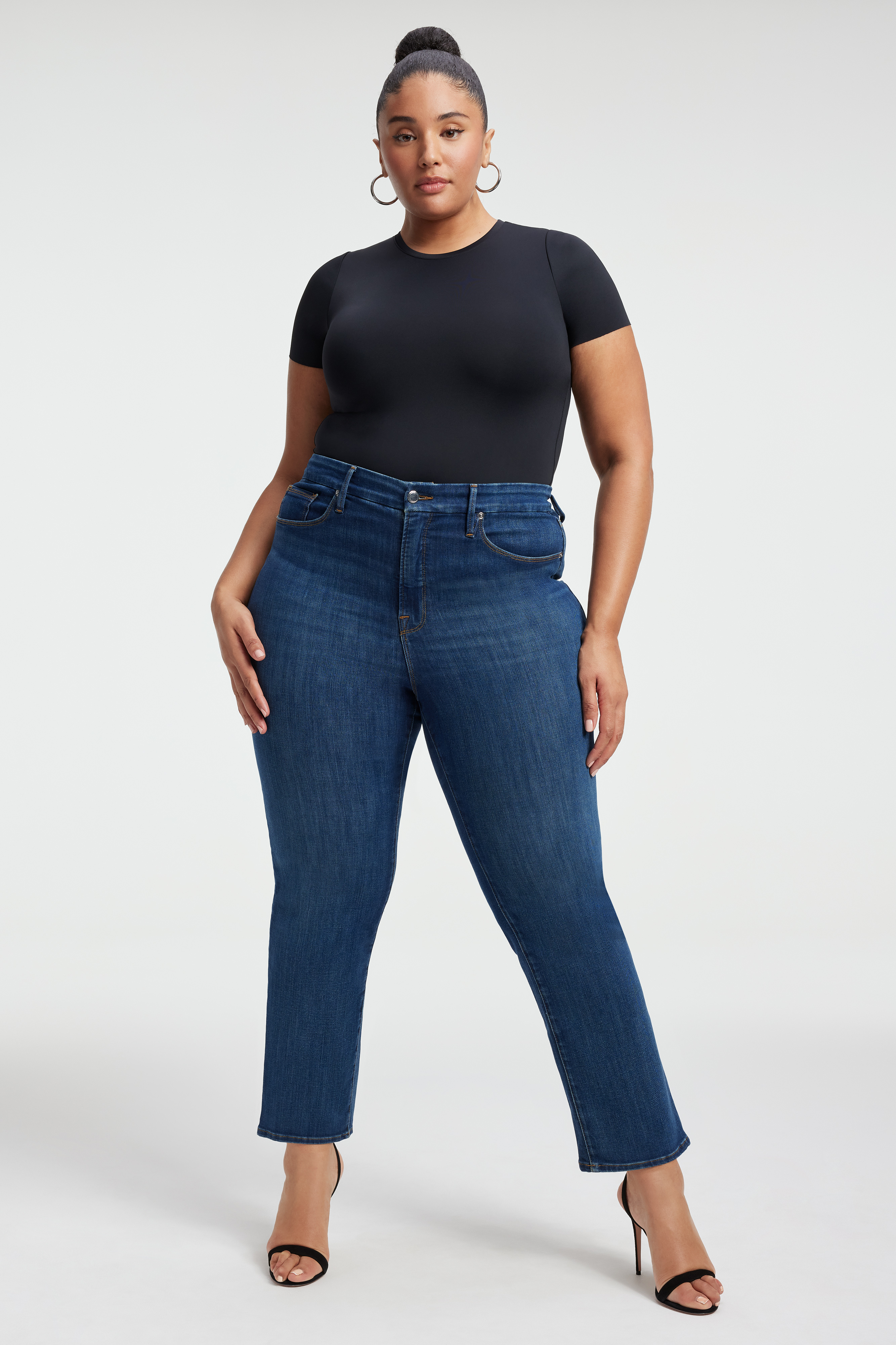 GOOD LEGS STRAIGHT JEANS in BLUE004 styled with our SCUBA TEE BODYSUIT in BLACK001, SCUBA CREW BODYSUIT in BLACK001, or SCUBA FUNNEL NECK BODYSUIT in BLACK001