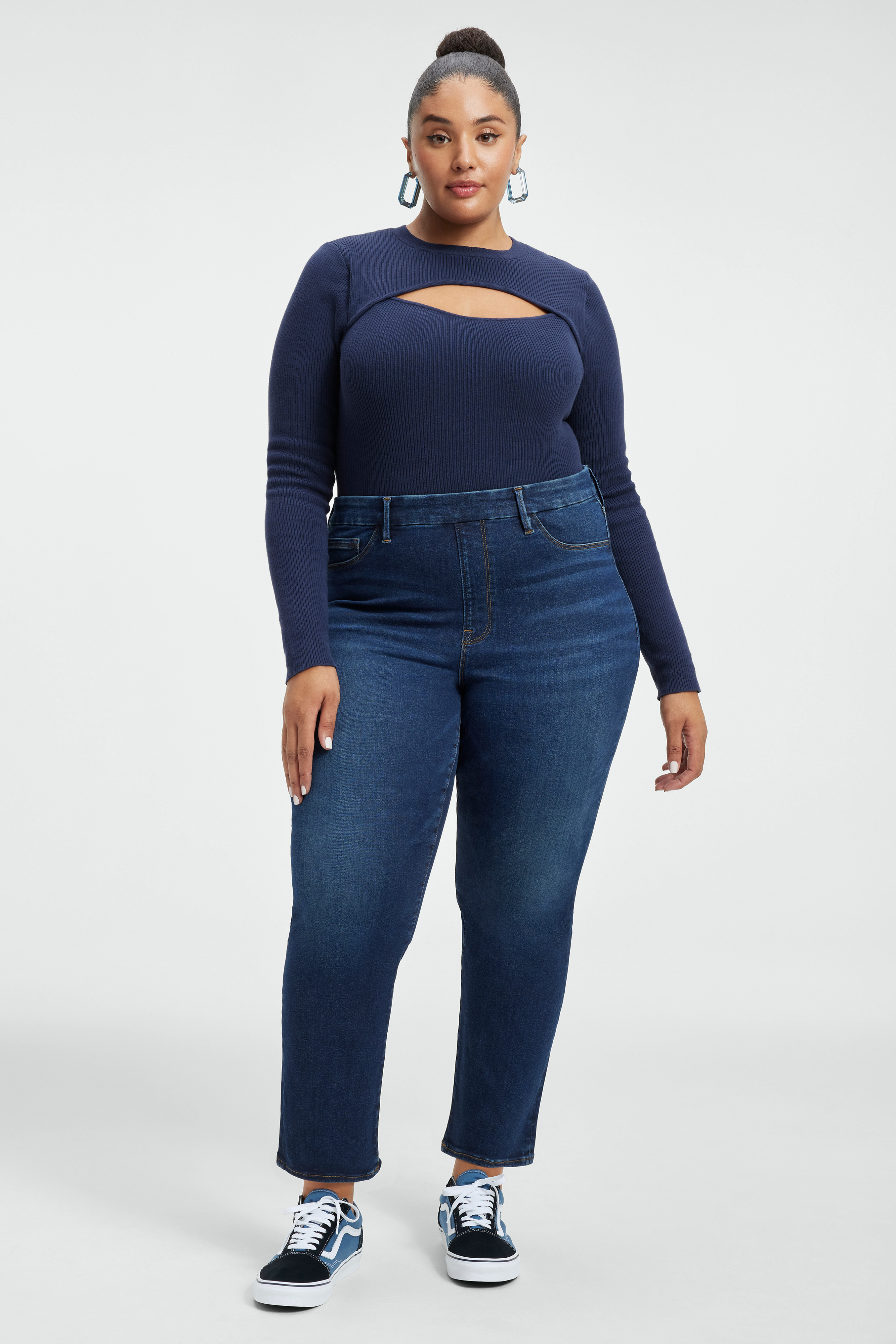 POWER STRETCH PULL-ON STRAIGHT JEANS in INDIGO491 styled with our GOOD TOUCH TURTLENECK BODY in NAVY001, or GOOD TOUCH LACE UP BODYSUIT in BLACK001