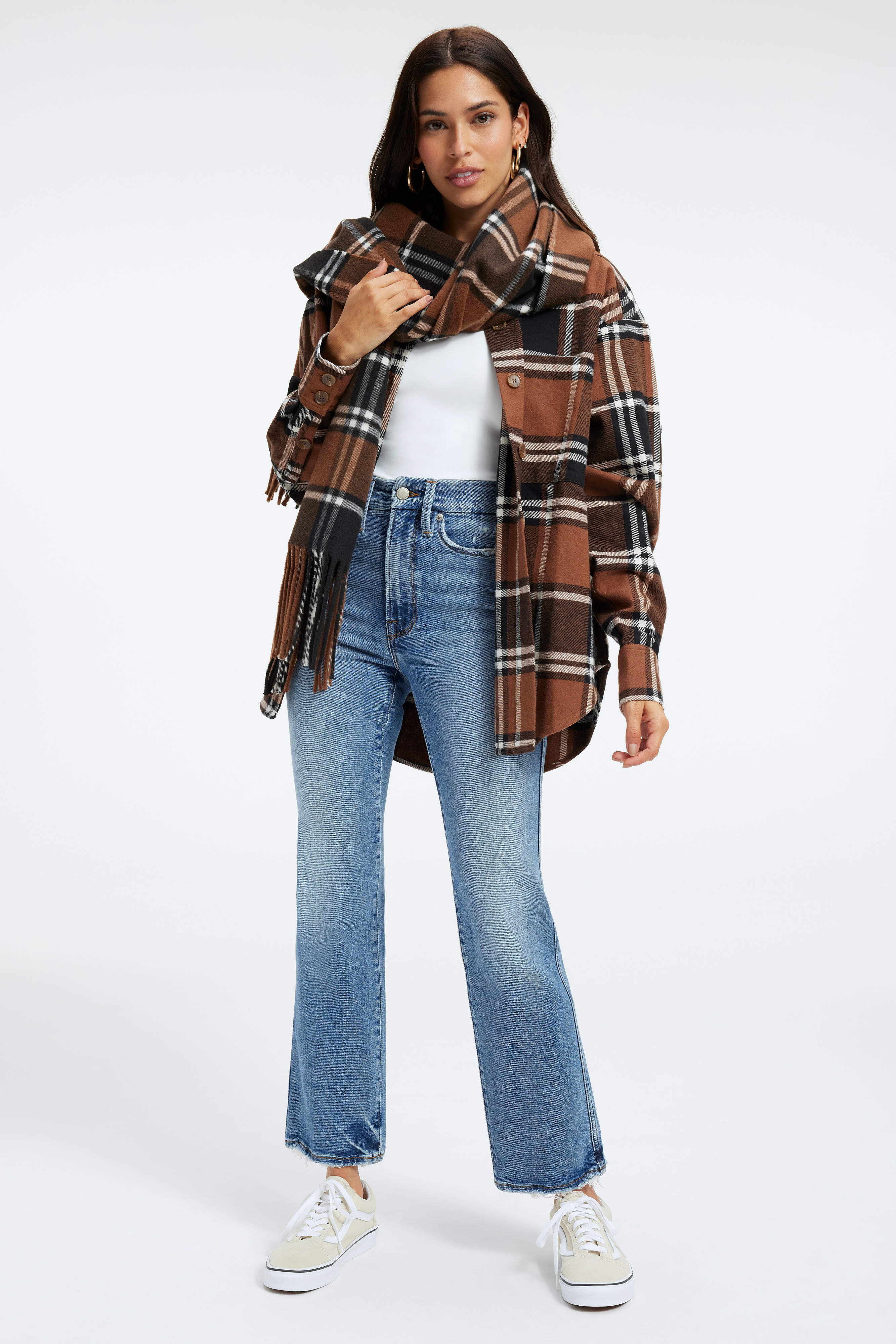 CLASSIC SOFT SCARF in BURNT CARAMEL LARGE PLAID styled with our SCUBA SHORT SLEEVE BODYSUIT in WHITE001, BRUSHED BOYFRIEND SHACKET in BURNT CARAMEL LARGE PLAID, or GOOD LEGS CROPPED MINI BOOT JEANS in INDIGO350