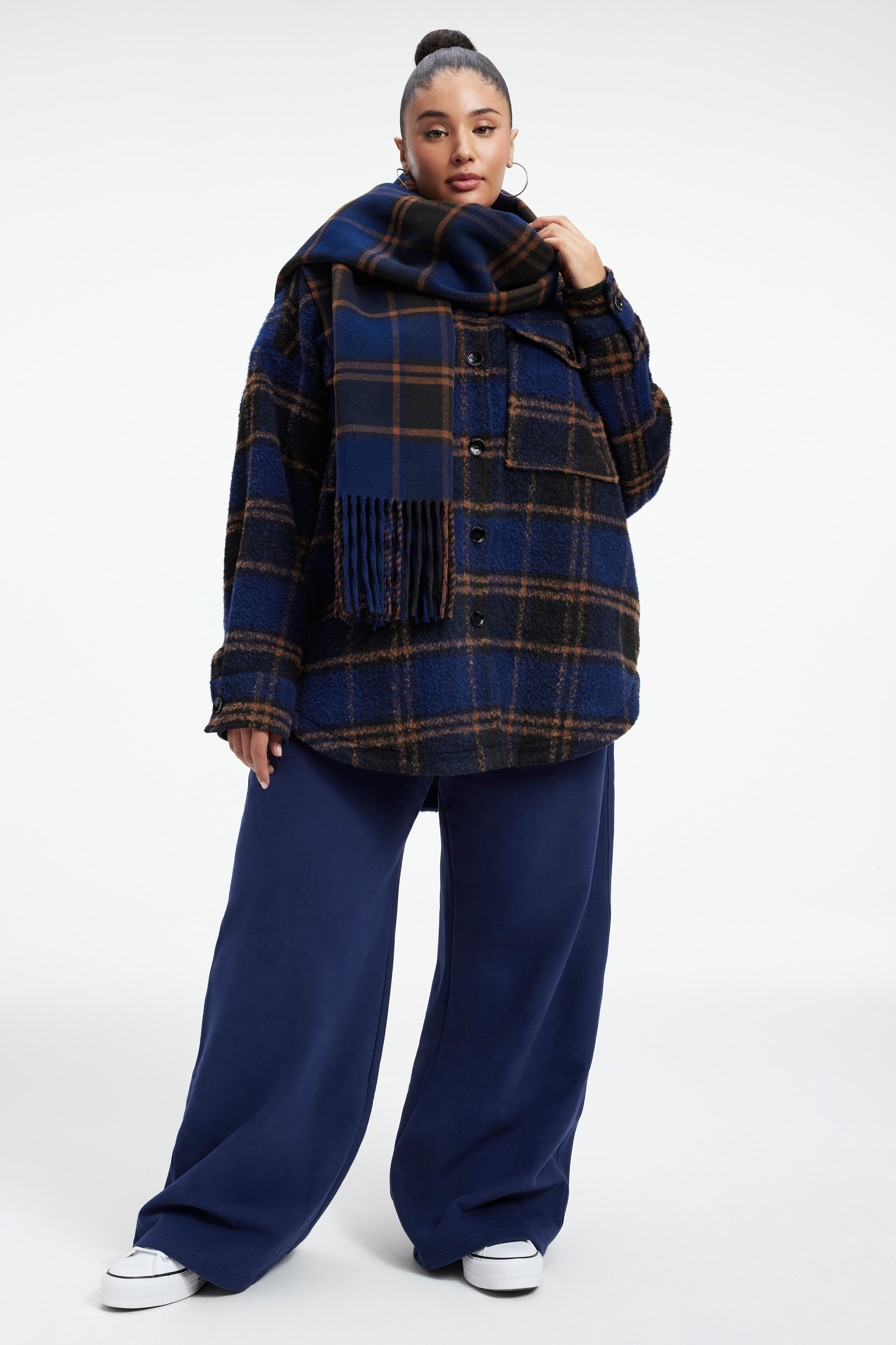 CLASSIC SOFT SCARF in BLUE RINSE LARGE PLAID styled with our SUEDED FLEECE EXTRA WIDE LEG in BLUE RINSE, BRUSHED BOYFRIEND SHACKET in BLUE RINSE LARGE PLAID, or SCUBA CREWNECK BODYSUIT in BLUE RINSE