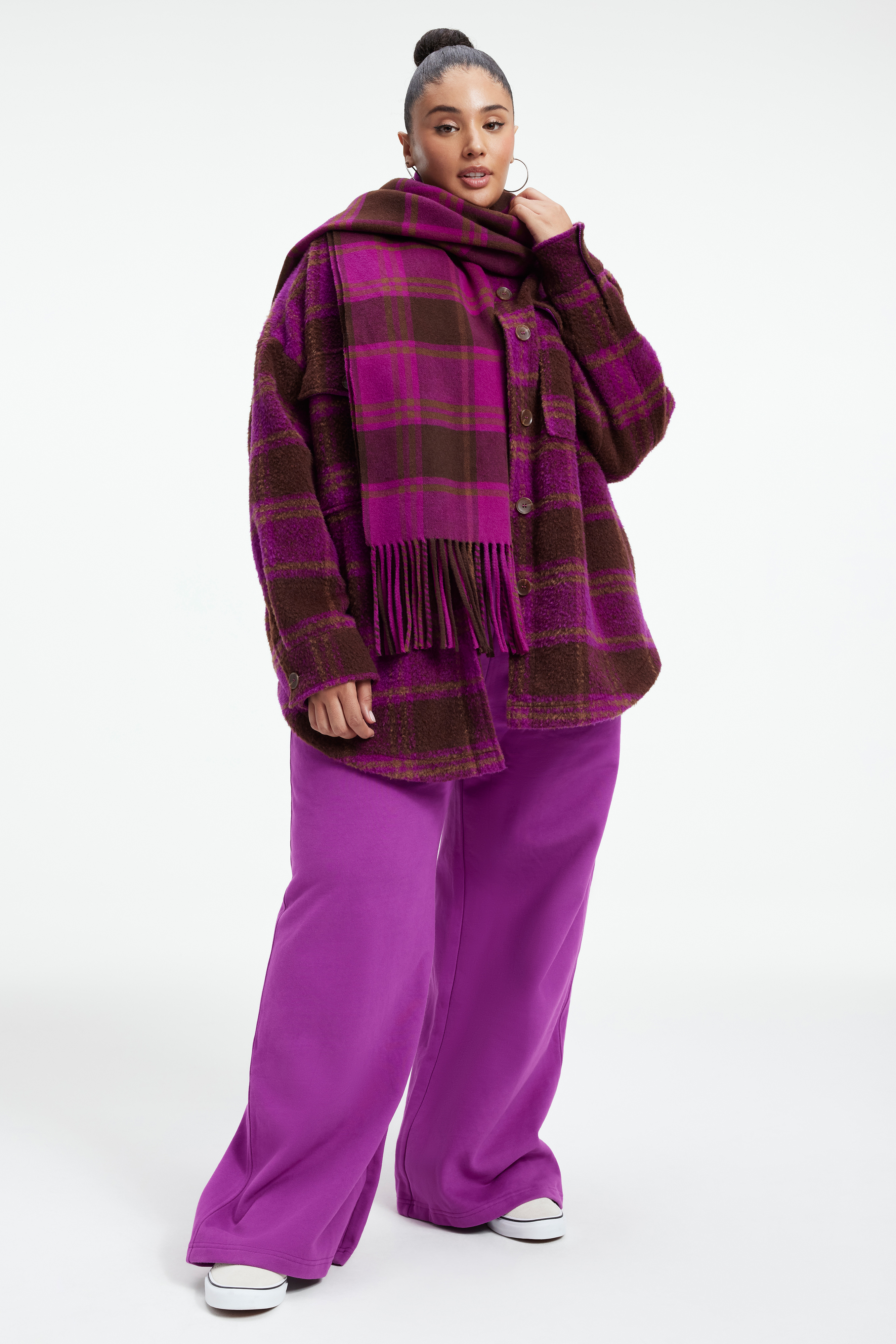 CLASSIC SOFT SCARF in POWER PURPLE LARGE PLAID styled with our SUEDED FLEECE EXTRA WIDE LEG in POWER PURPLE, BRUSHED BOYFRIEND SHACKET in POWER PURPLE LARGE PLAID, or SCUBA CREWNECK BODYSUIT in POWER PURPLE