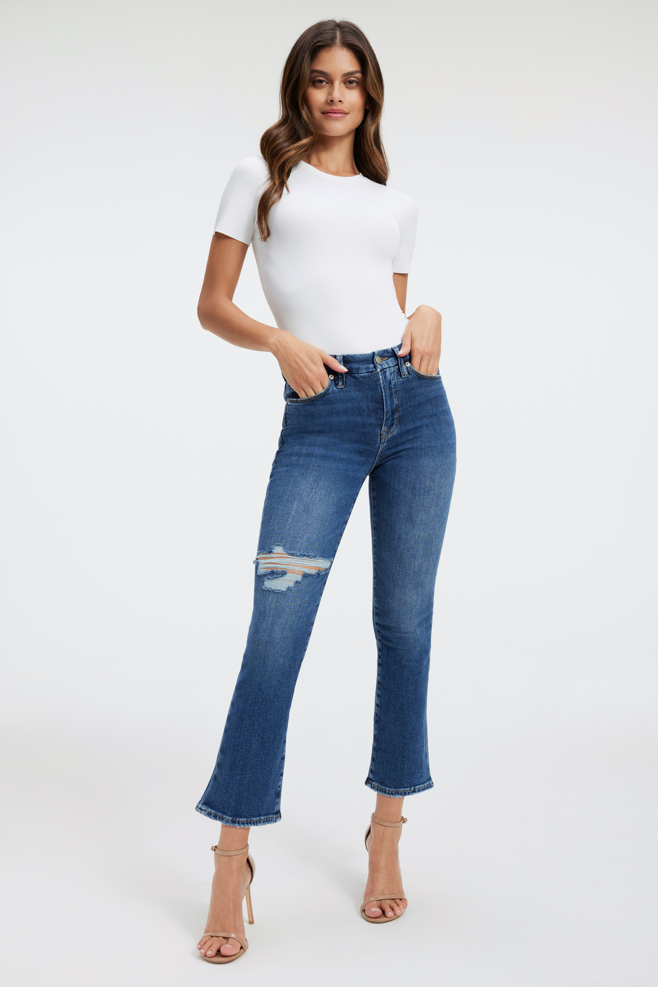 GOOD LEGS CROPPED CASHMERE JEANS in INDIGO379 styled with our SCUBA SHORT SLEEVE BODYSUIT in WHITE001, SCUBA CREW BODYSUIT in WHITE001, or SCUBA CORSET TEE in WHITE001