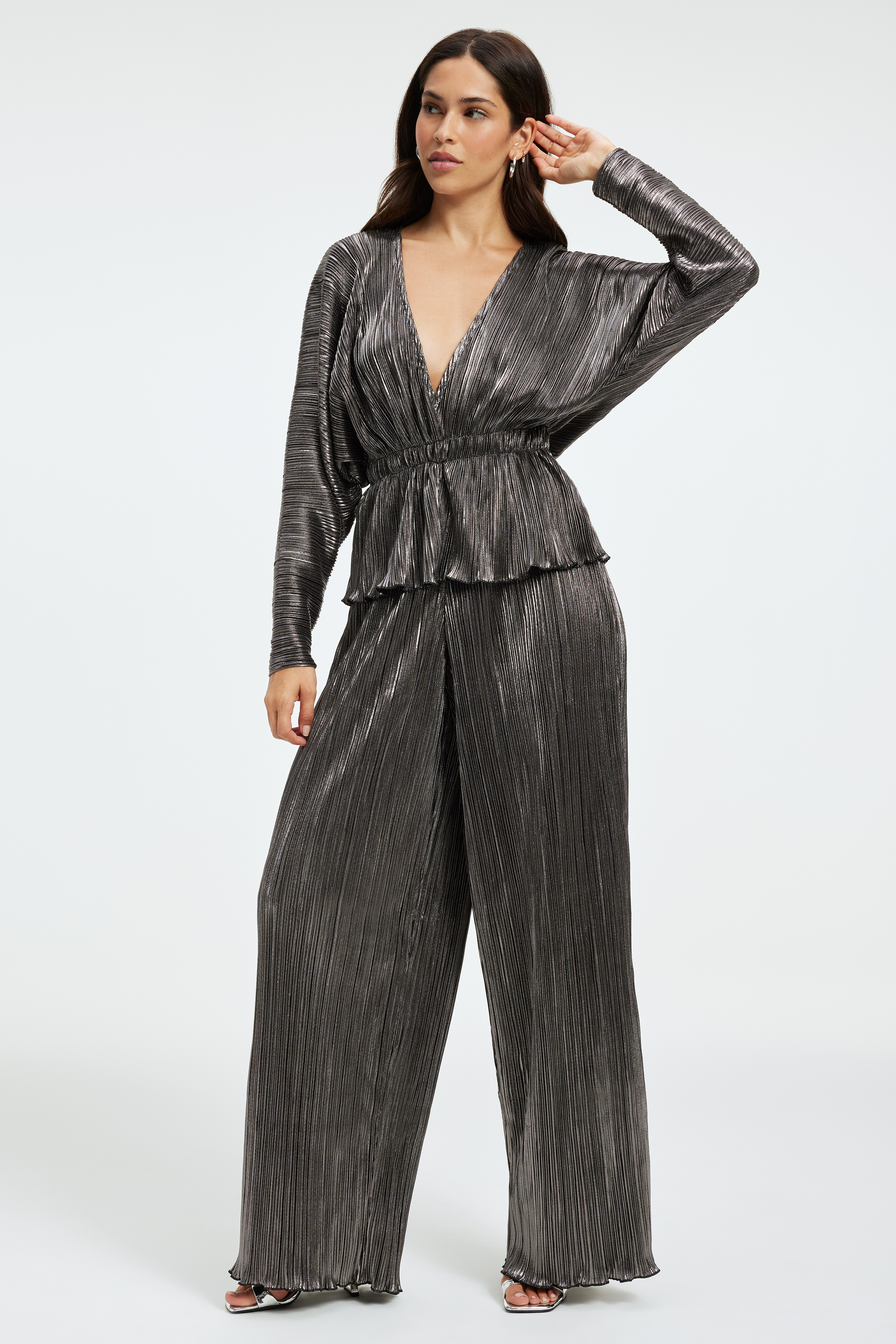 PLISSÉ DEEP V-NECK TOP in CHROME003 styled with our PLISSÉ PANT in CHROME003, or CINDER-F*CKING-RELLA JEWELED MULE in BLACK SATIN001