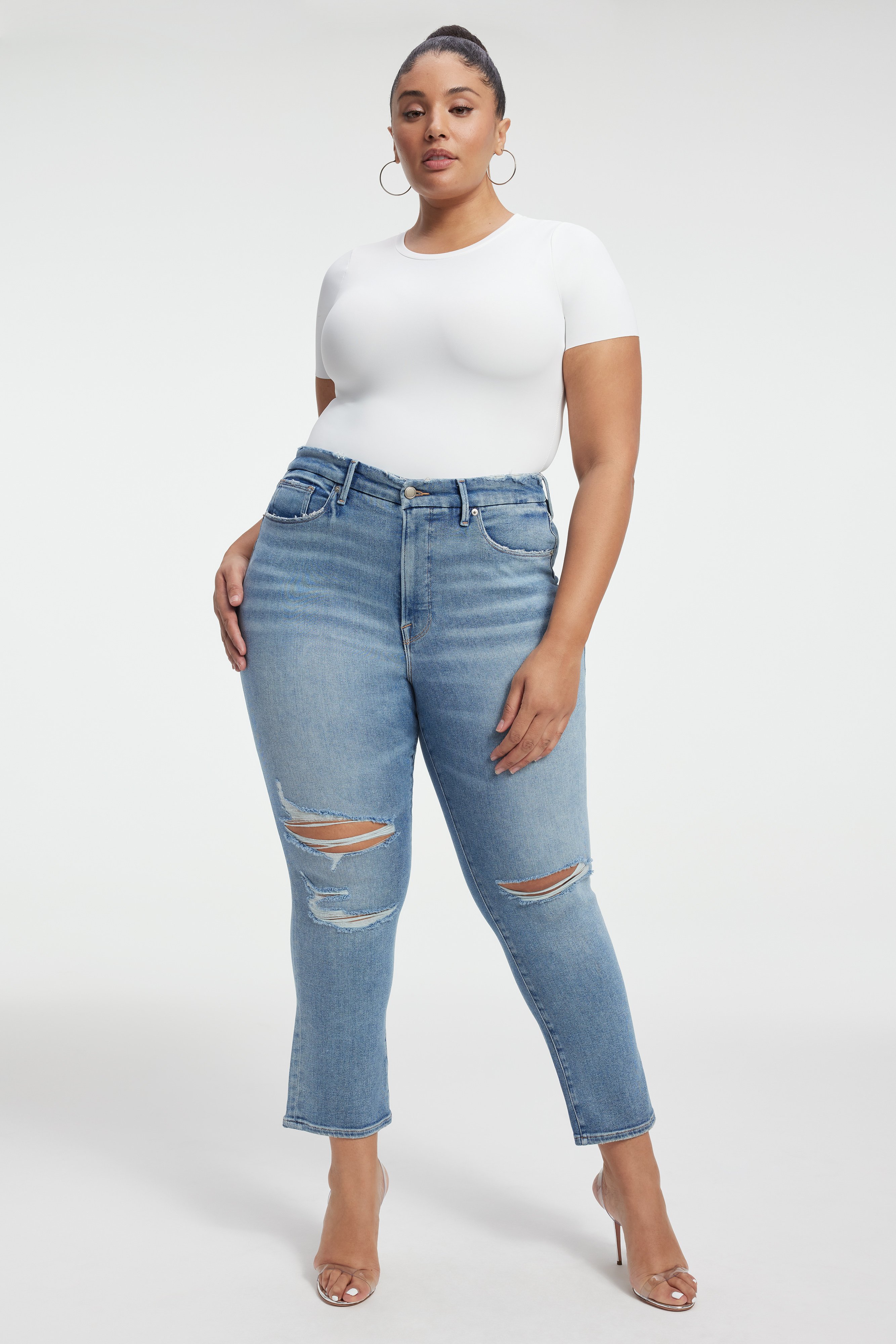 GOOD LEGS STRAIGHT JEANS in INDIGO378 styled with our SCUBA SHORT SLEEVE BODYSUIT in WHITE001, SCUBA CREW BODYSUIT in WHITE001, or SCUBA CORSET TEE in WHITE001