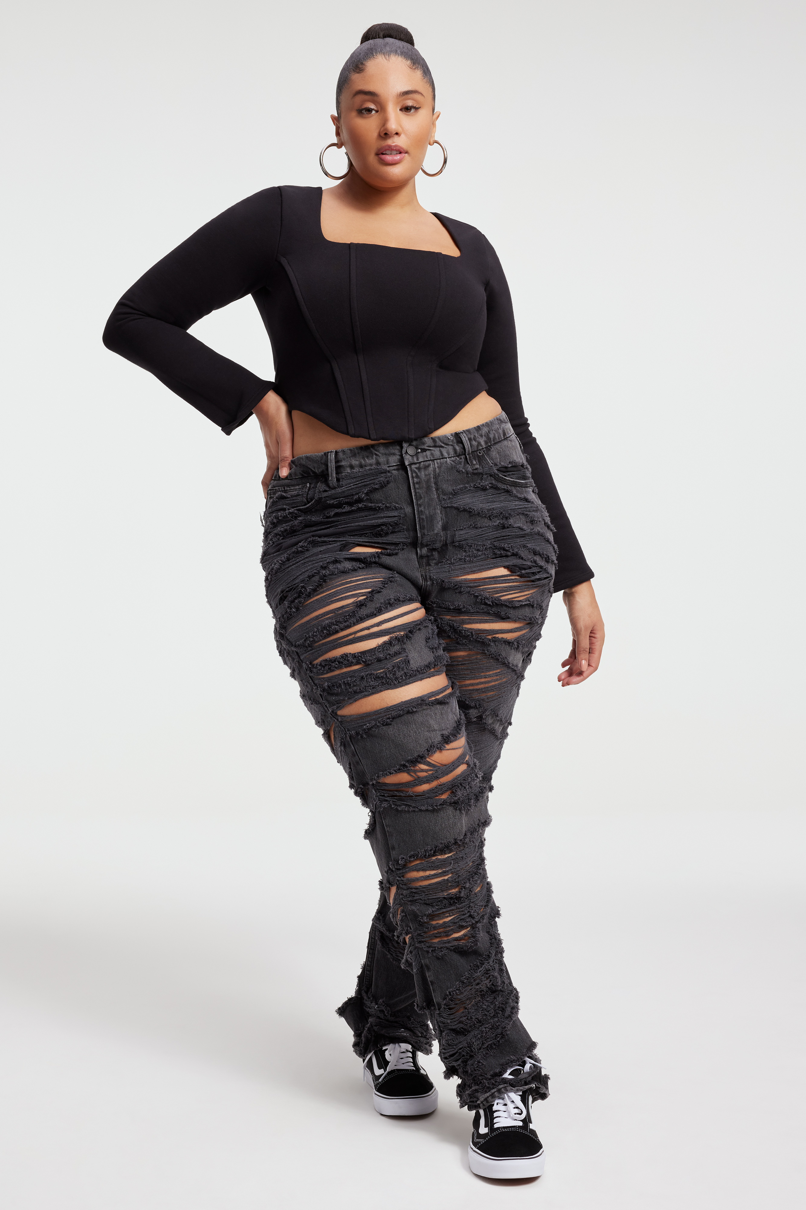 COMPRESSION TERRY SQUARENECK CORSET in BLACK001 styled with our GOOD '90s SHREDDED JEANS in BLACK248, GOOD '90s JEANS in BLACK286, or GOOD BOY JEANS in BLACK295