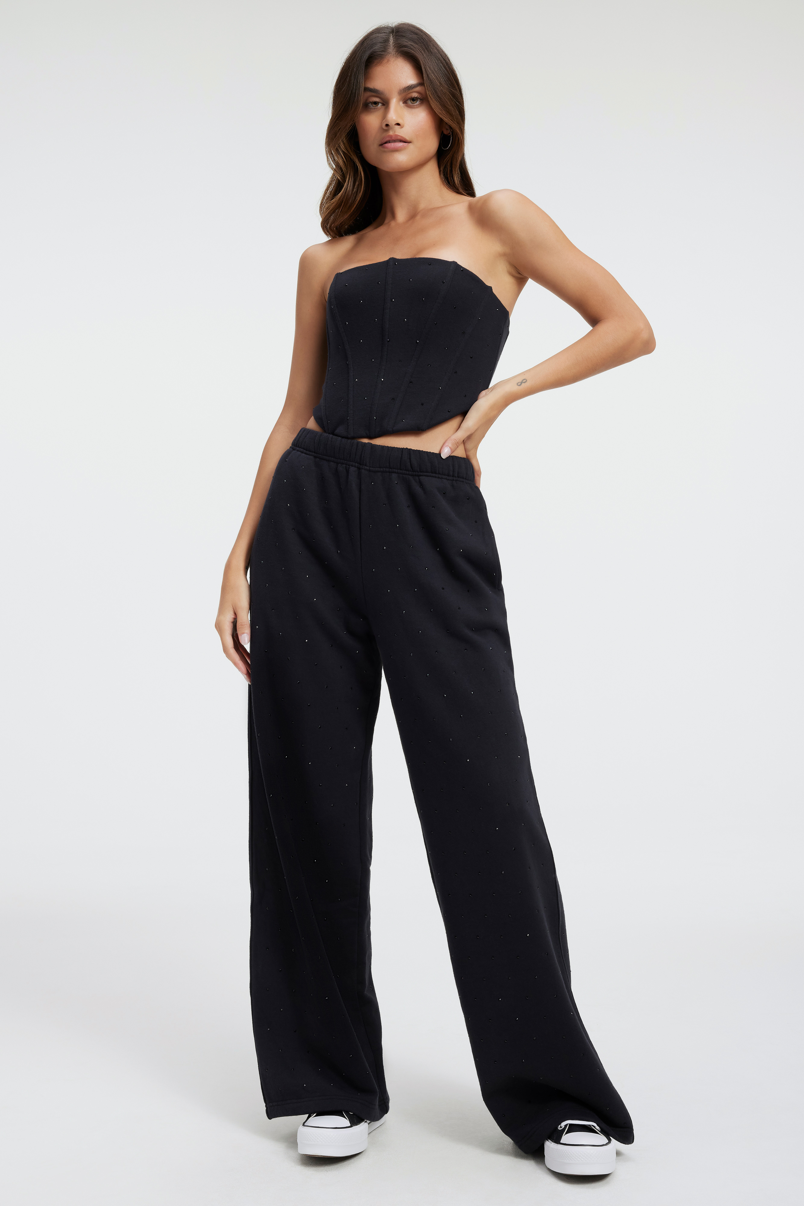 DIAMOND WIDE SWEATPANTS in BLACK001 styled with our DIAMOND FLEECE CORSET in BLACK001, DIAMOND BOYFRIEND SWEATSHIRT in BLACK001, or DIAMOND STUDDED TEE in BLACK001