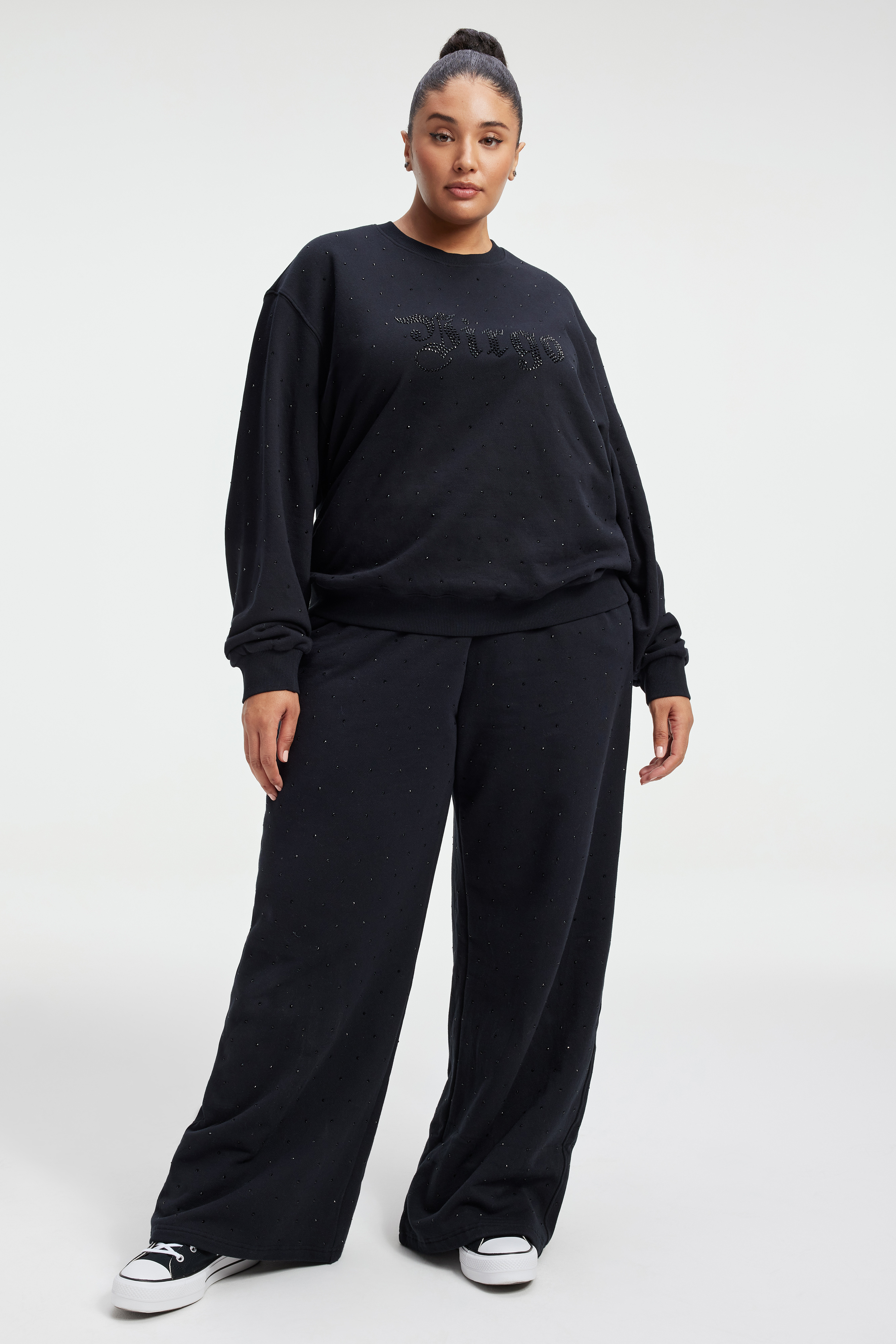 VIRGO BOYFRIEND SWEATSHIRT in VIRGO styled with our DIAMOND WIDE SWEATPANTS in BLACK001, VIRGO BOYFRIEND SWEATSHIRT in VIRGO, or DIAMOND WIDE SWEATPANTS in HEATHER GREY001