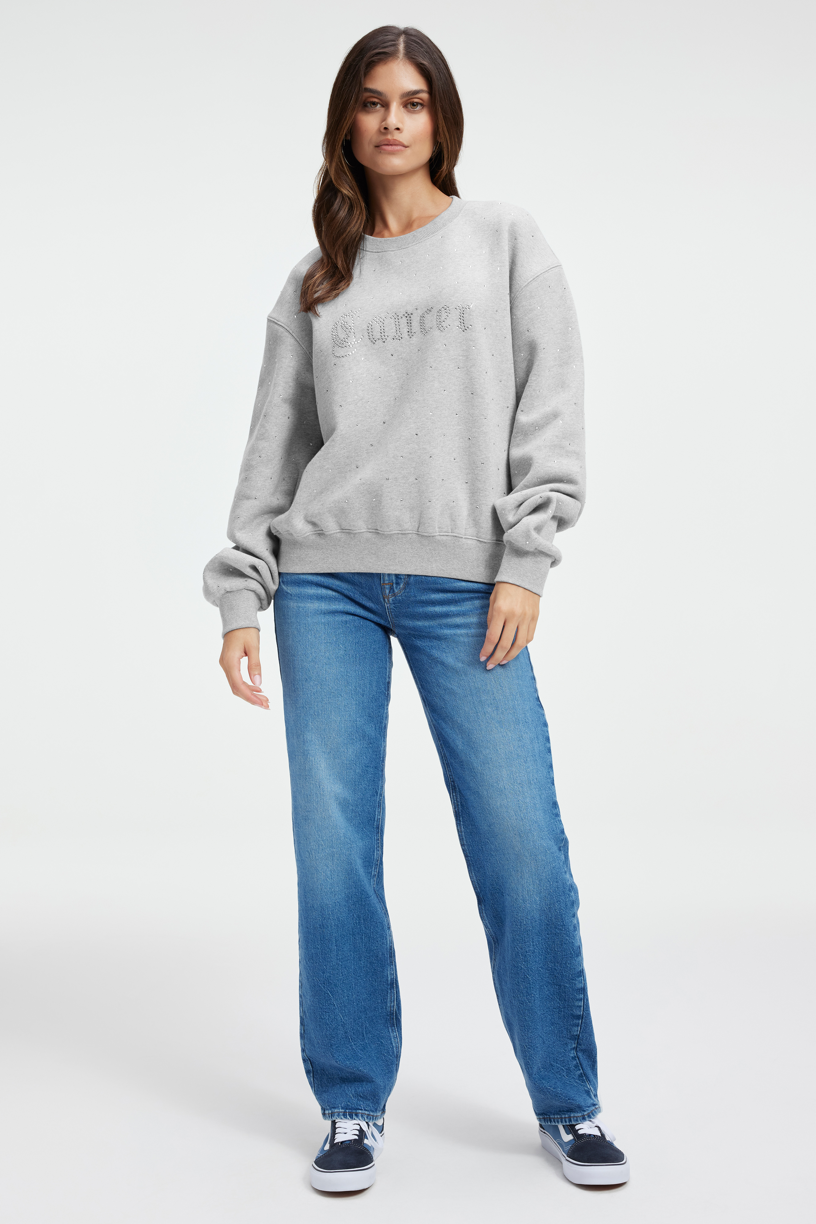 CANCER BOYFRIEND SWEATSHIRT in CANCER styled with our GOOD ICON JEANS in INDIGO261, CANCER BOYFRIEND SWEATSHIRT in CANCER, or DIAMOND WIDE SWEATPANTS in BLACK001