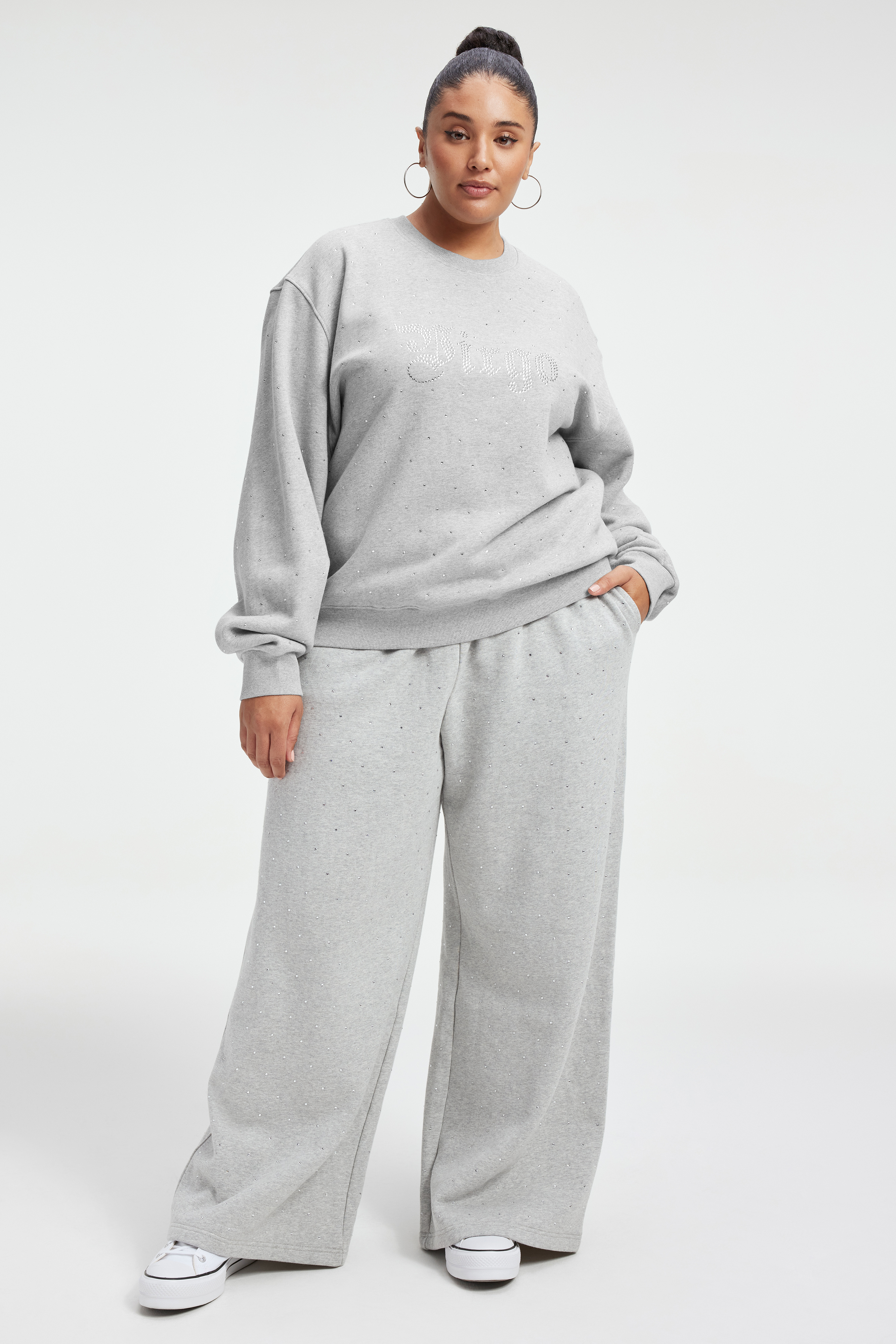 VIRGO BOYFRIEND SWEATSHIRT in VIRGO styled with our DIAMOND WIDE SWEATPANTS in HEATHER GREY001, VIRGO BOYFRIEND SWEATSHIRT in VIRGO, or DIAMOND WIDE SWEATPANTS in BLACK001