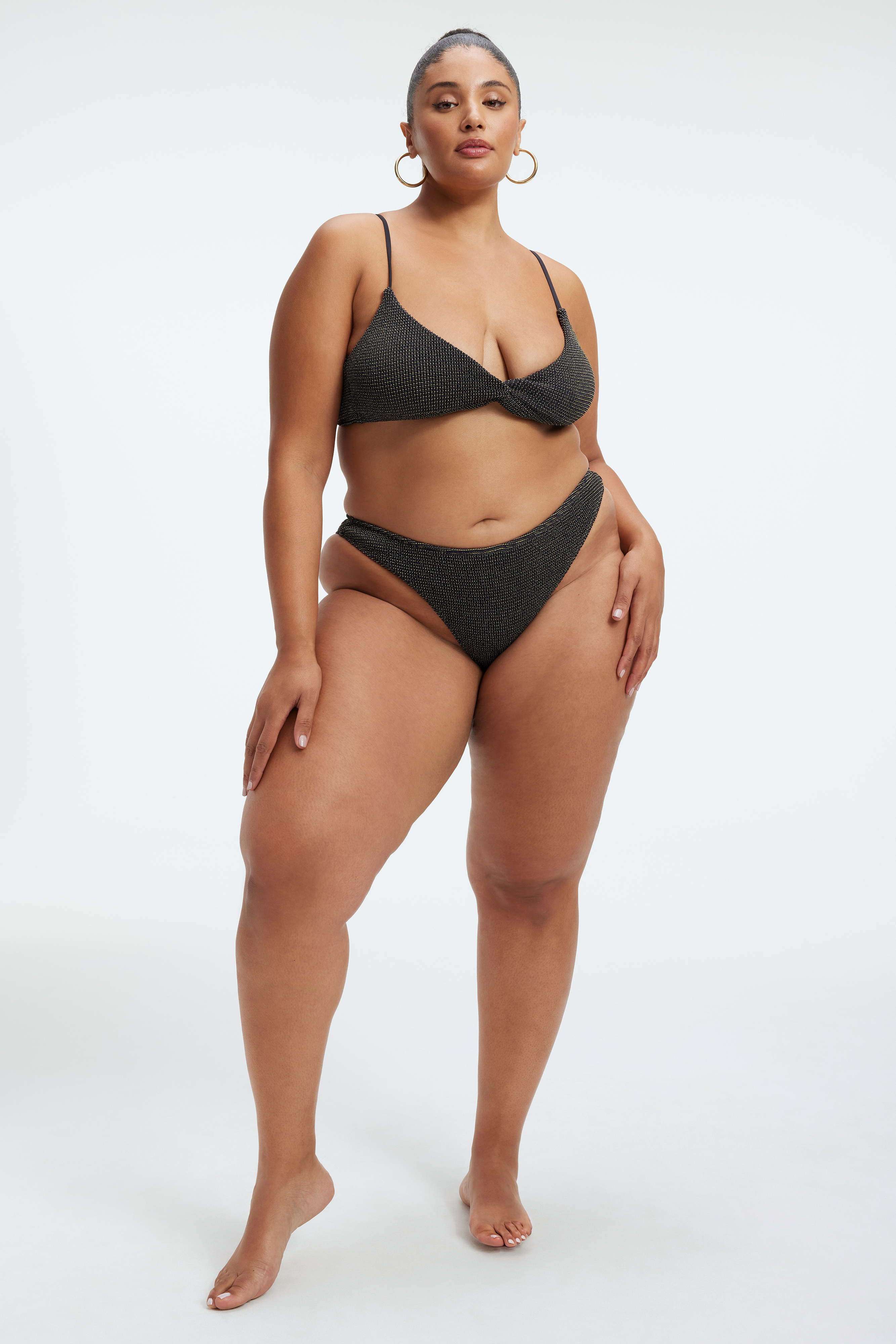 ALWAYS FITS METALLIC TWIST TOP in BLACK001 styled with our ALWAYS FITS METALLIC BIKINI BOTTOM in BLACK001, ALWAYS FITS CHEEKY METALLIC BOTTOM in BLACK001, or ALWAYS FITS TINY METALLIC BOTTOM in BLACK001