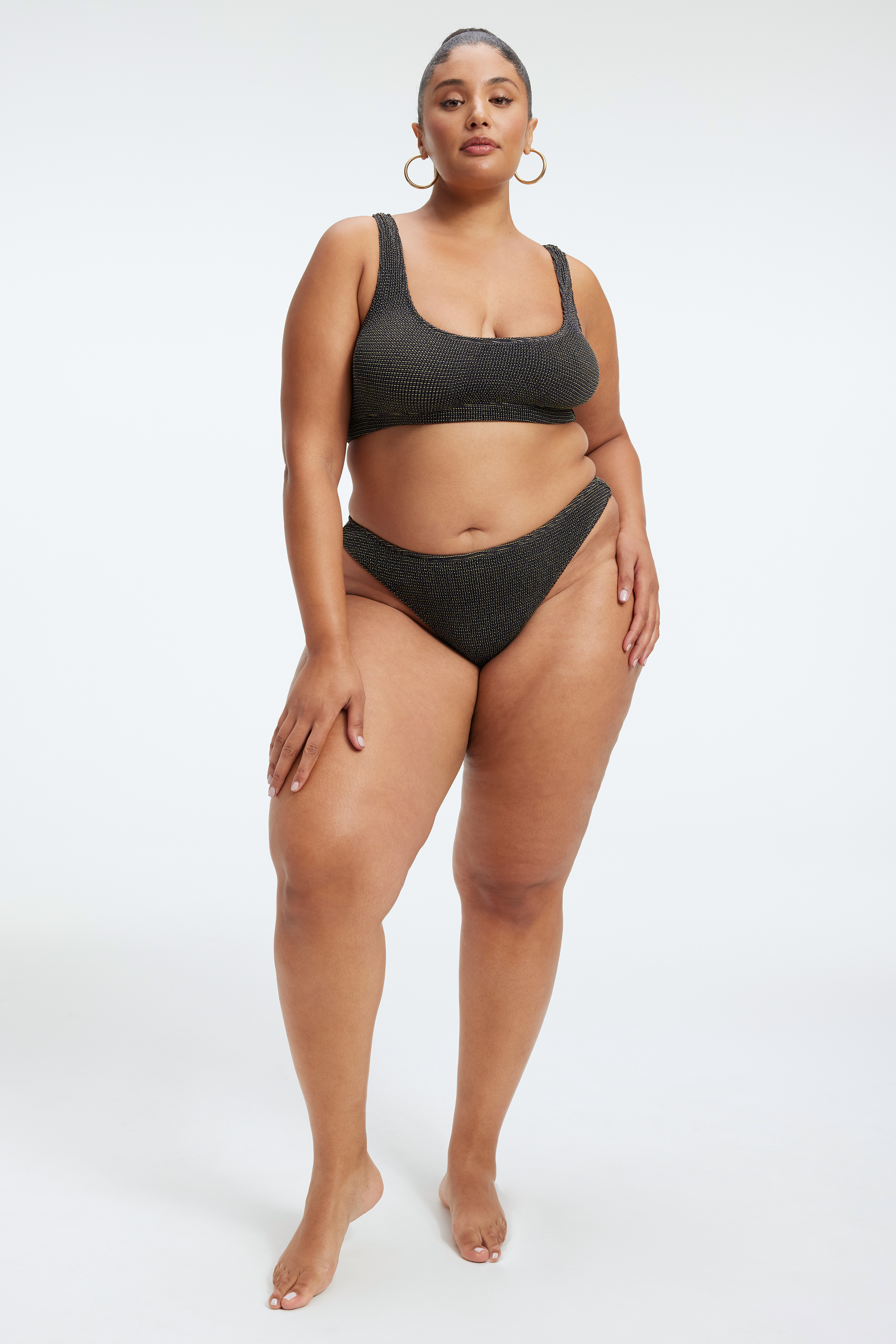 ALWAYS FITS METALLIC SCOOP TOP in BLACK001 styled with our ALWAYS FITS METALLIC BIKINI BOTTOM in BLACK001, ALWAYS FITS CHEEKY METALLIC BOTTOM in BLACK001, or ALWAYS FITS TINY METALLIC BOTTOM in BLACK001