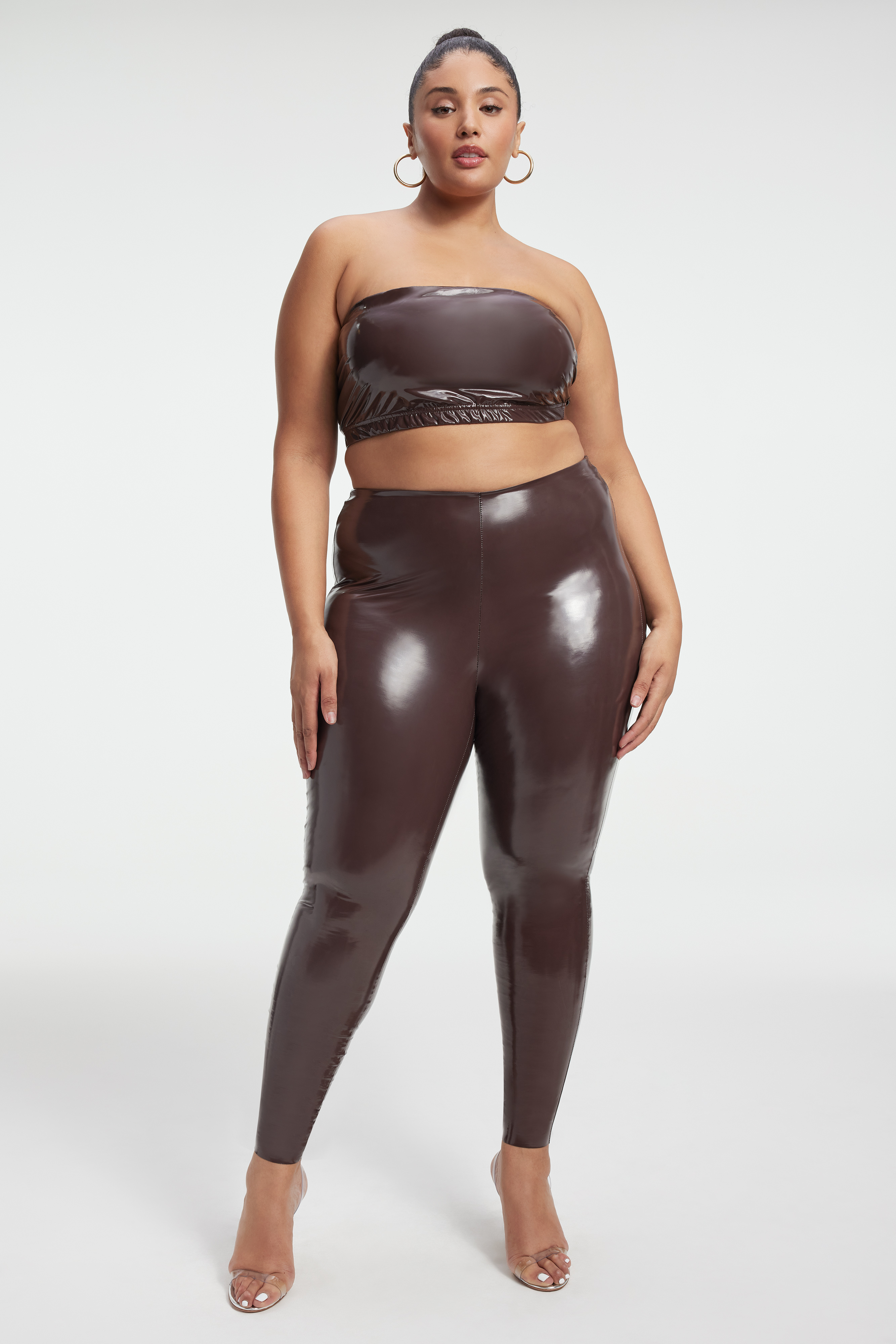 VINYL BANDEAU in DARK COCOA001 styled with our VINYL LEGGINGS in DARK COCOA001, or VINYL FLARE LEGGINGS in DARK COCOA001