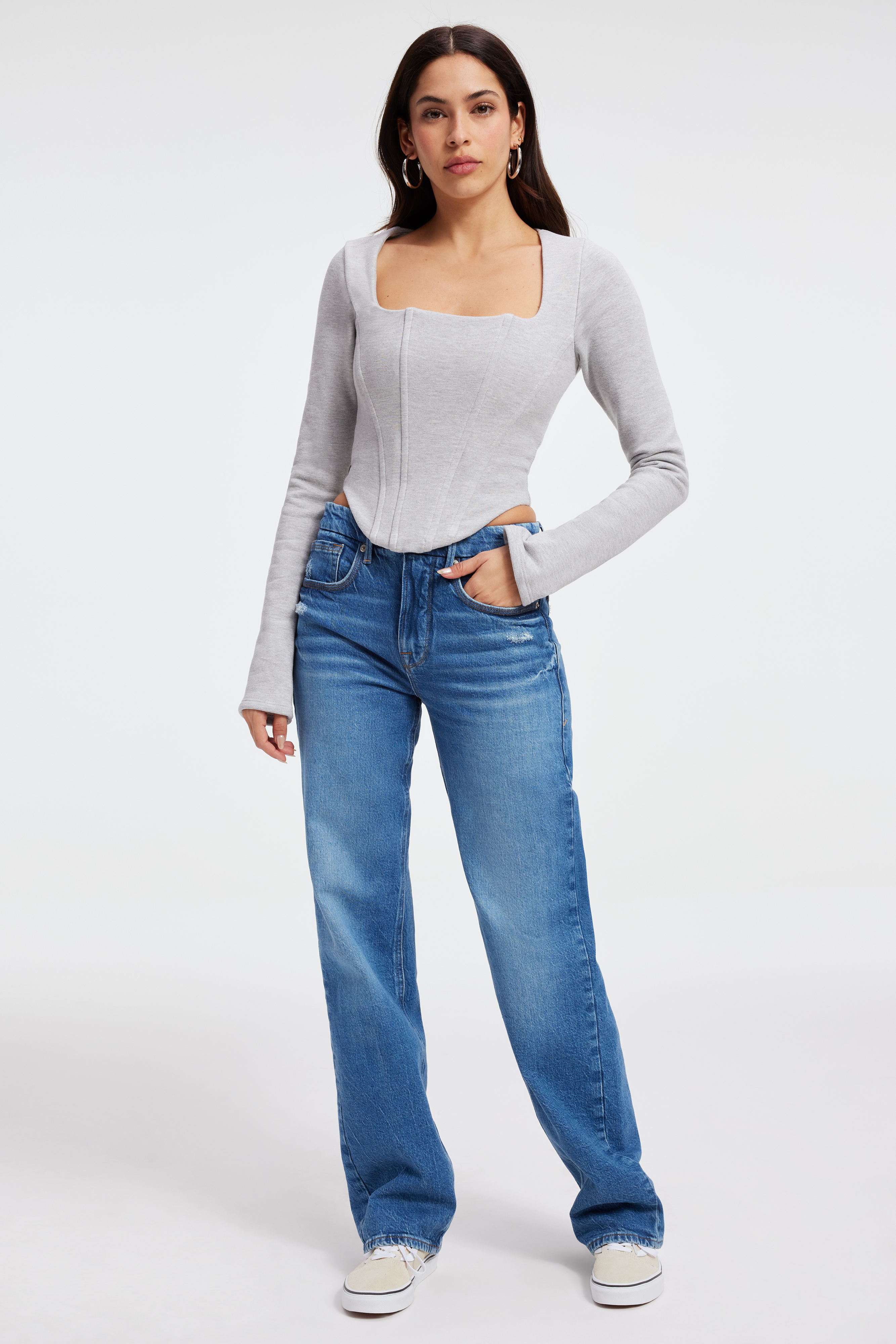 COMPRESSION TERRY SQUARENECK CORSET in HEATHER GREY001 styled with our GOOD GIRLFRIEND PETITE JEANS in INDIGO252, GOOD STRAIGHT JEANS in INDIGO091, or THE WEEKENDER JEANS in INDIGO339