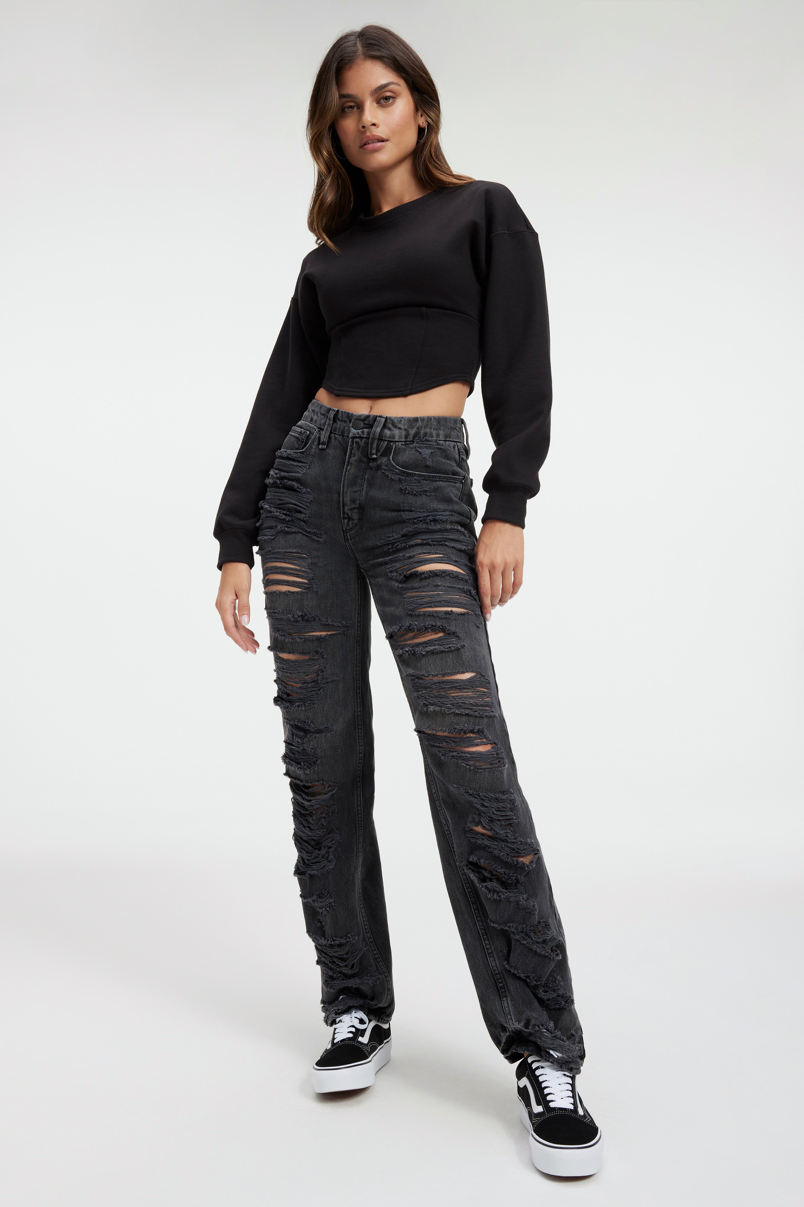 COMPRESSIVE TERRY CORSET CREWNECK in BLACK001 styled with our GOOD '90s SHREDDED JEANS in BLACK248, GOOD '90s FAUX LEATHER PANTS in BLACK EEL001, or GOOD '90s JEANS in BLACK286