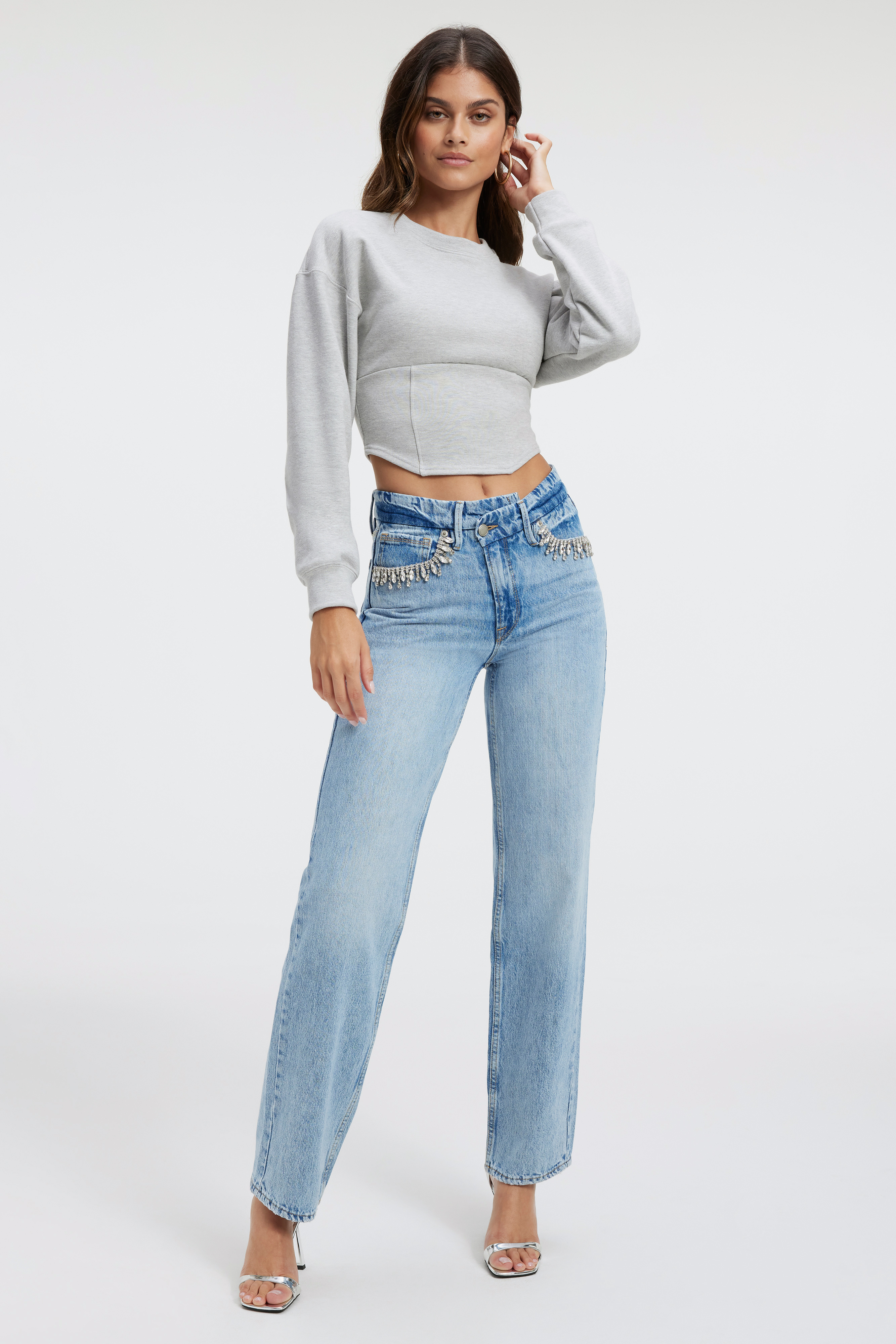 COMPRESSIVE TERRY CORSET CREWNECK in HEATHER GREY001 styled with our GOOD '90s JEANS in INDIGO415, GOOD 90s JEANS in INDIGO301, or GOOD 90s SURPLUS in INDIGO301