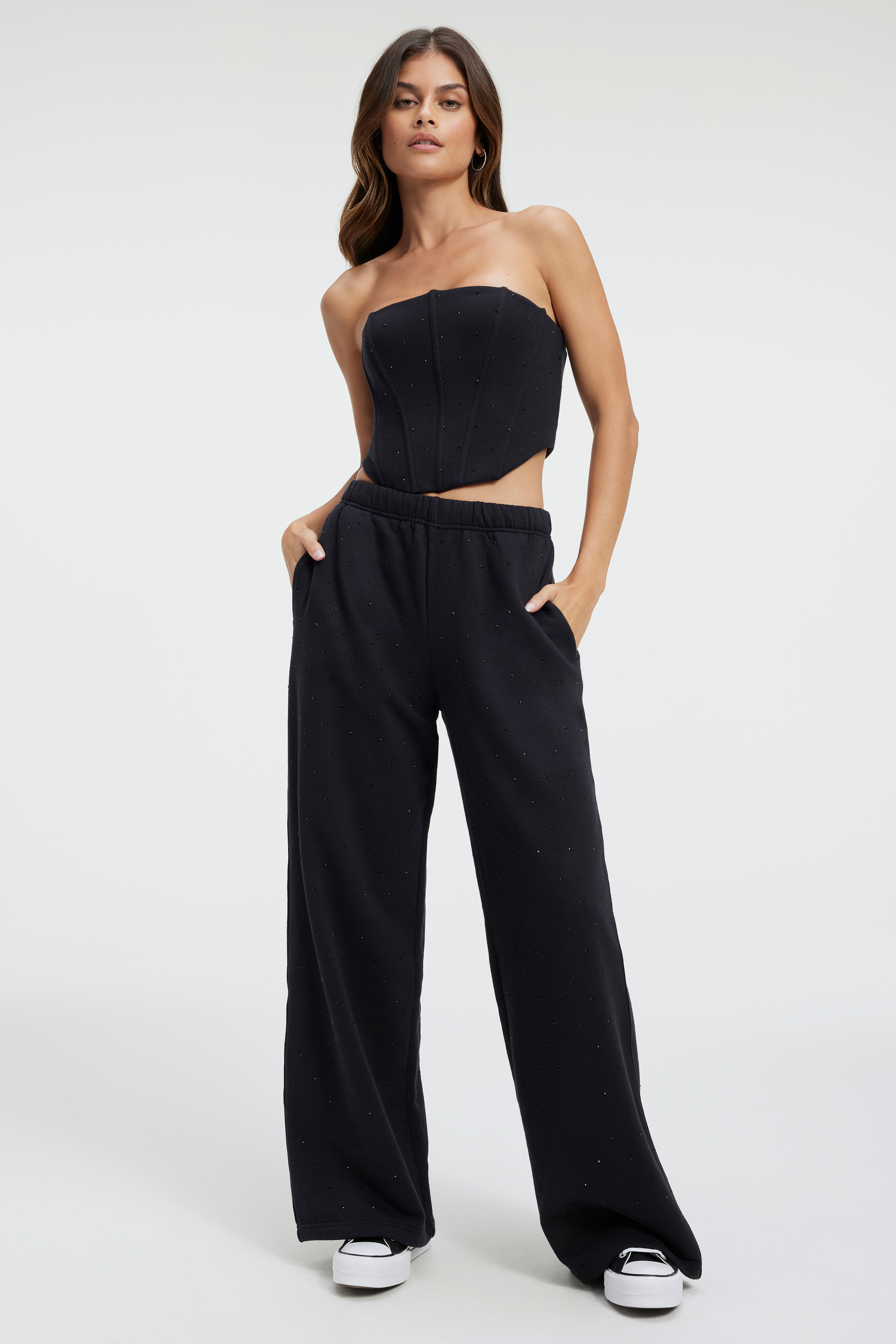 DIAMOND FLEECE CORSET in BLACK001 styled with our DIAMOND WIDE SWEATPANTS in BLACK001, DIAMOND KNIT FLARE PANTS in BLACK001, or GOOD '90s JEANS in INDIGO415