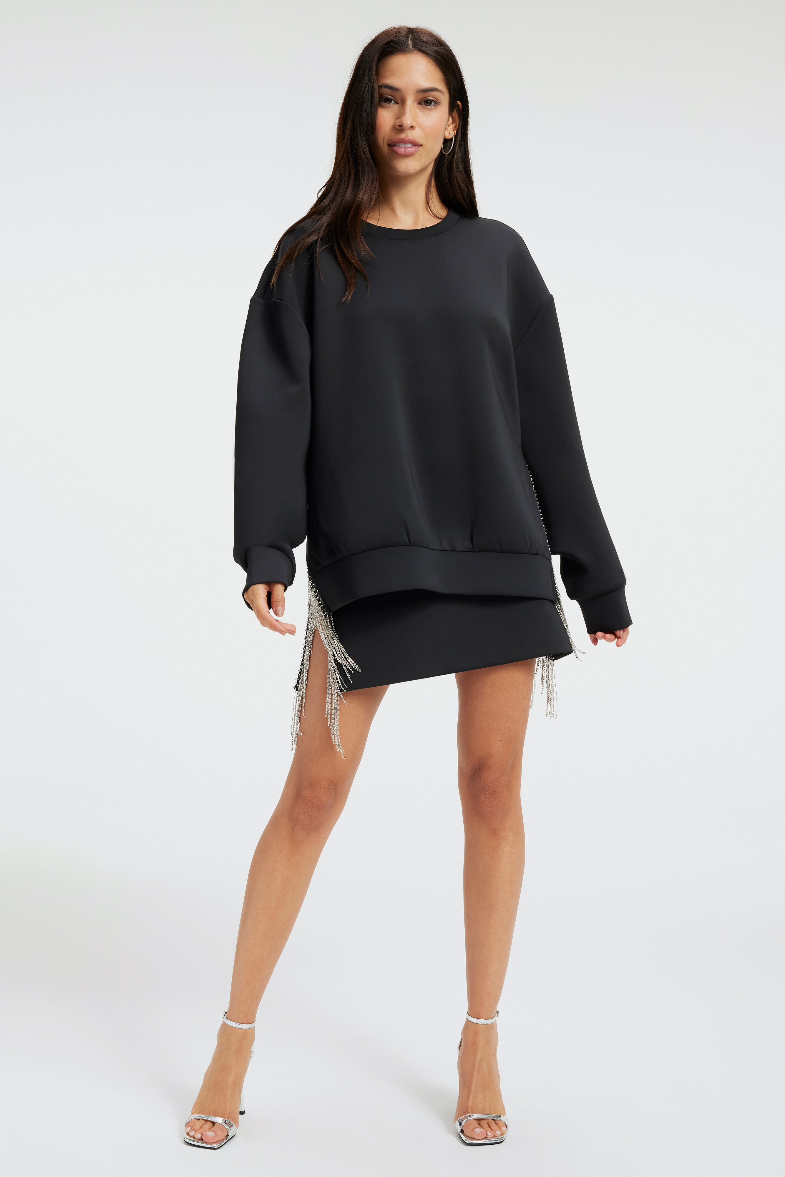SCUBA DIAMOND CREWNECK in BLACK001 styled with our SCUBA DIAMOND MINI SKIRT in BLACK001, DIAMOND WIDE SWEATPANTS in BLACK001, or GOOD 90s CROSSOVER JEANS in INDIGO415