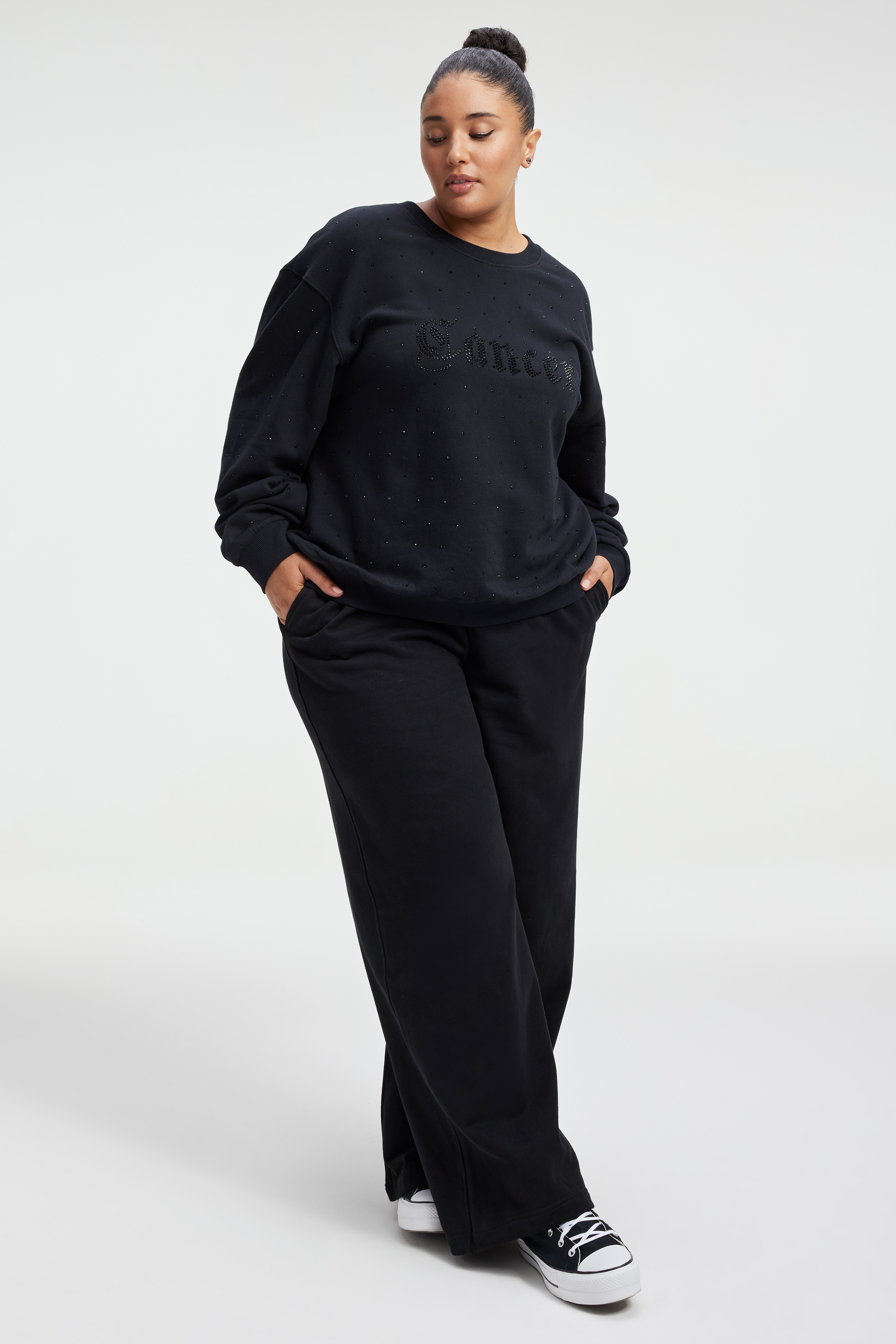 CANCER BOYFRIEND SWEATSHIRT in CANCER styled with our DIAMOND WIDE SWEATPANTS in BLACK001, CANCER BOYFRIEND SWEATSHIRT in CANCER, or DIAMOND WIDE SWEATPANTS in HEATHER GREY001