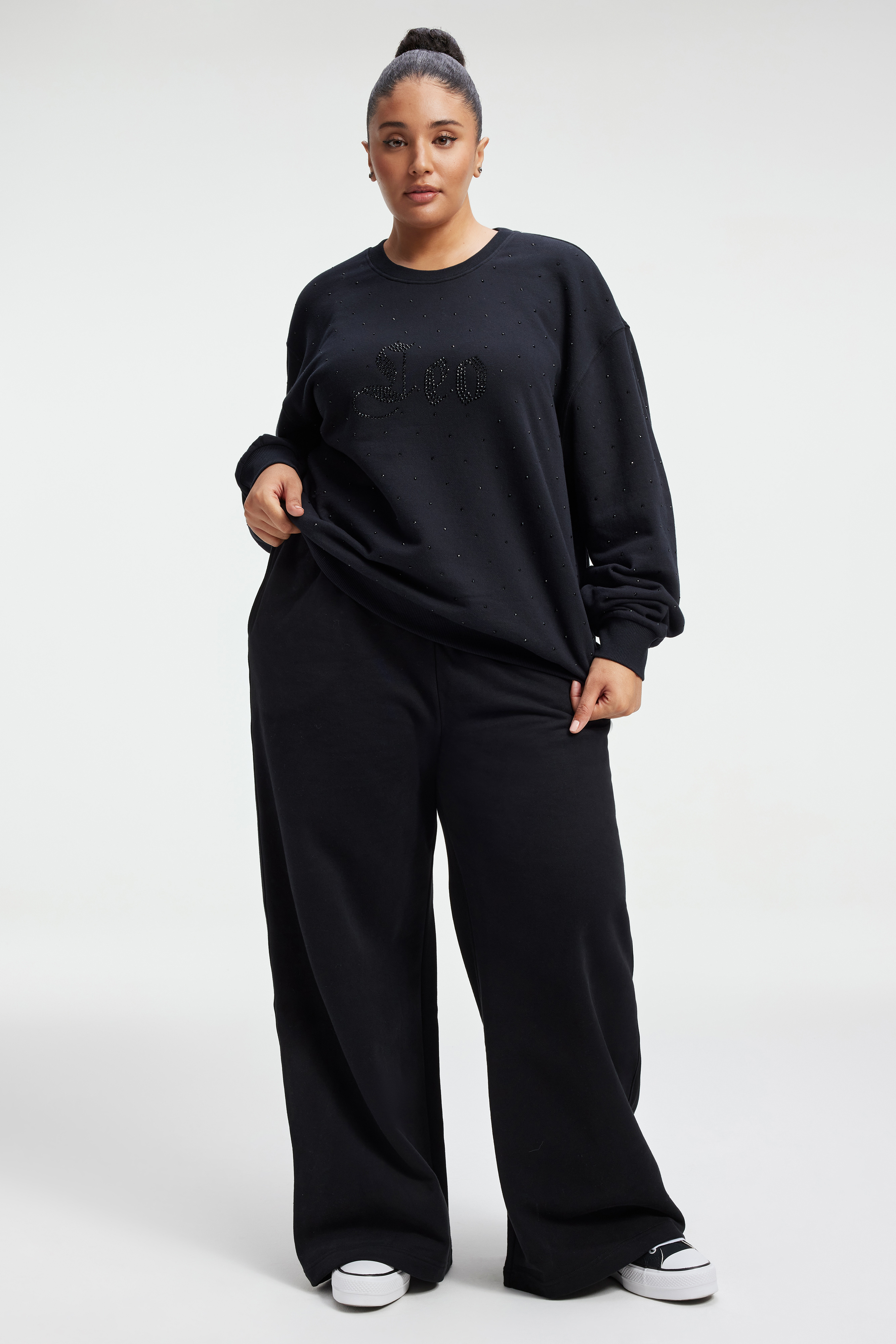 LEO BOYFRIEND SWEATSHIRT in LEO styled with our DIAMOND WIDE SWEATPANTS in BLACK001, LEO BOYFRIEND SWEATSHIRT in LEO, or DIAMOND WIDE SWEATPANTS in HEATHER GREY001