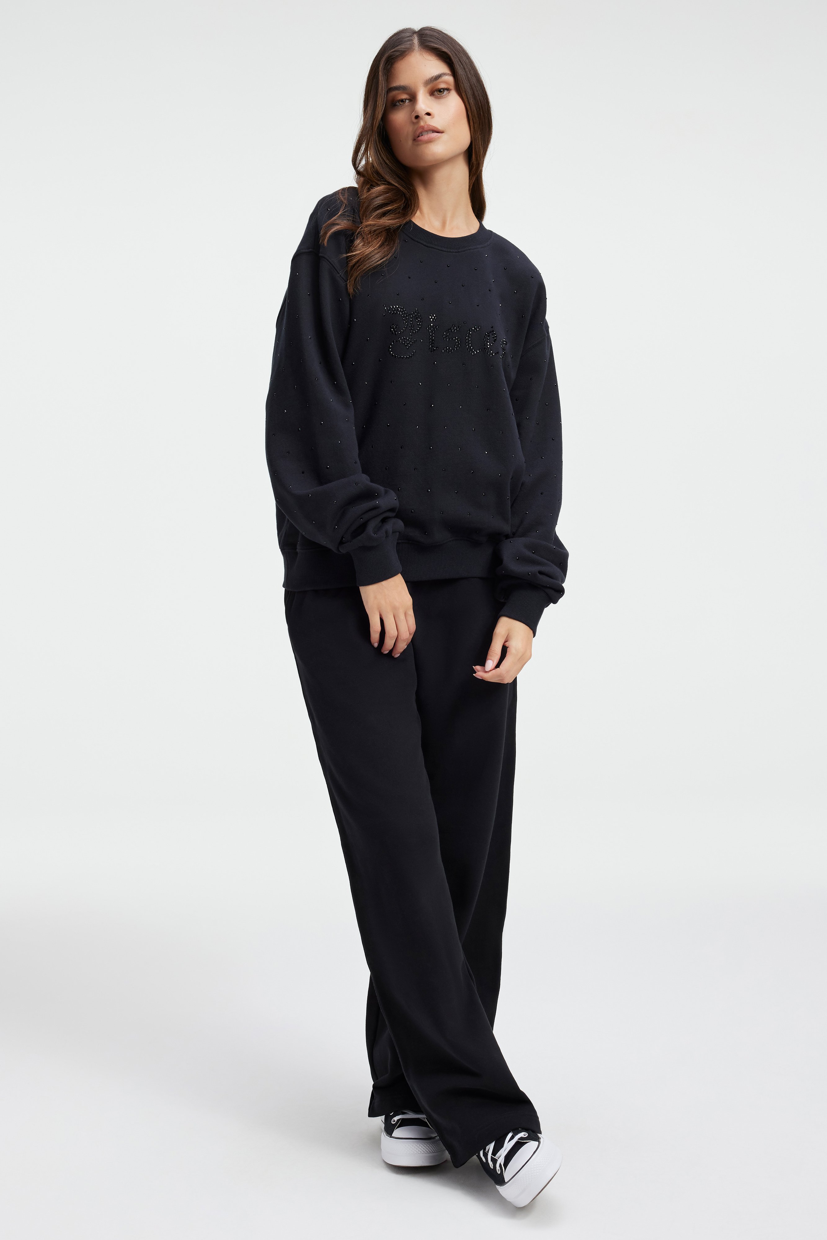 PISCES BOYFRIEND SWEATSHIRT in PISCES styled with our DIAMOND WIDE SWEATPANTS in BLACK001, PISCES BOYFRIEND SWEATSHIRT in PISCES, or DIAMOND WIDE SWEATPANTS in HEATHER GREY001