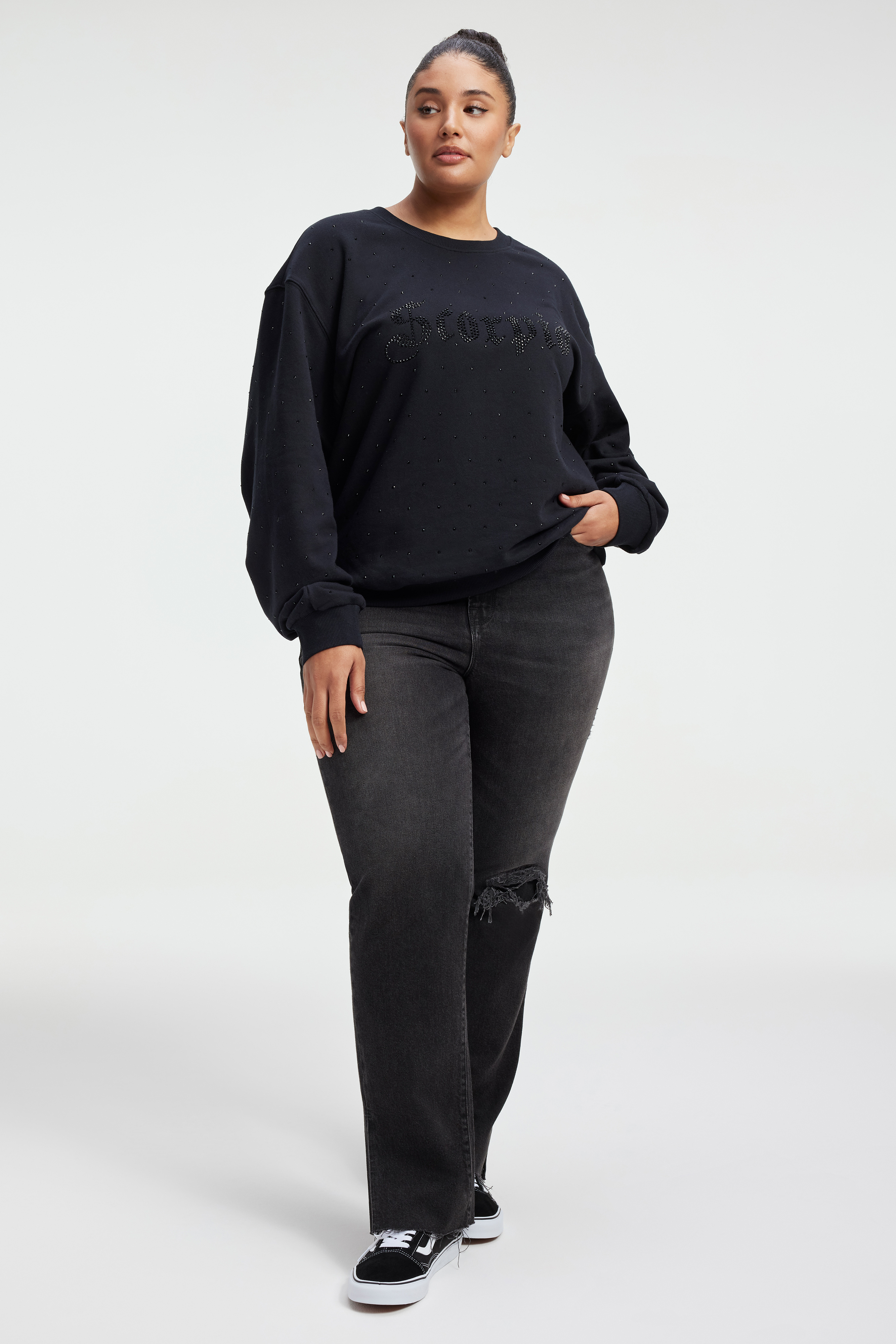 SCORPIO BOYFRIEND SWEATSHIRT in SCORPIO styled with our GOOD BOY JEANS in BLACK220, SCORPIO BOYFRIEND SWEATSHIRT in SCORPIO, or DIAMOND WIDE SWEATPANTS in HEATHER GREY001