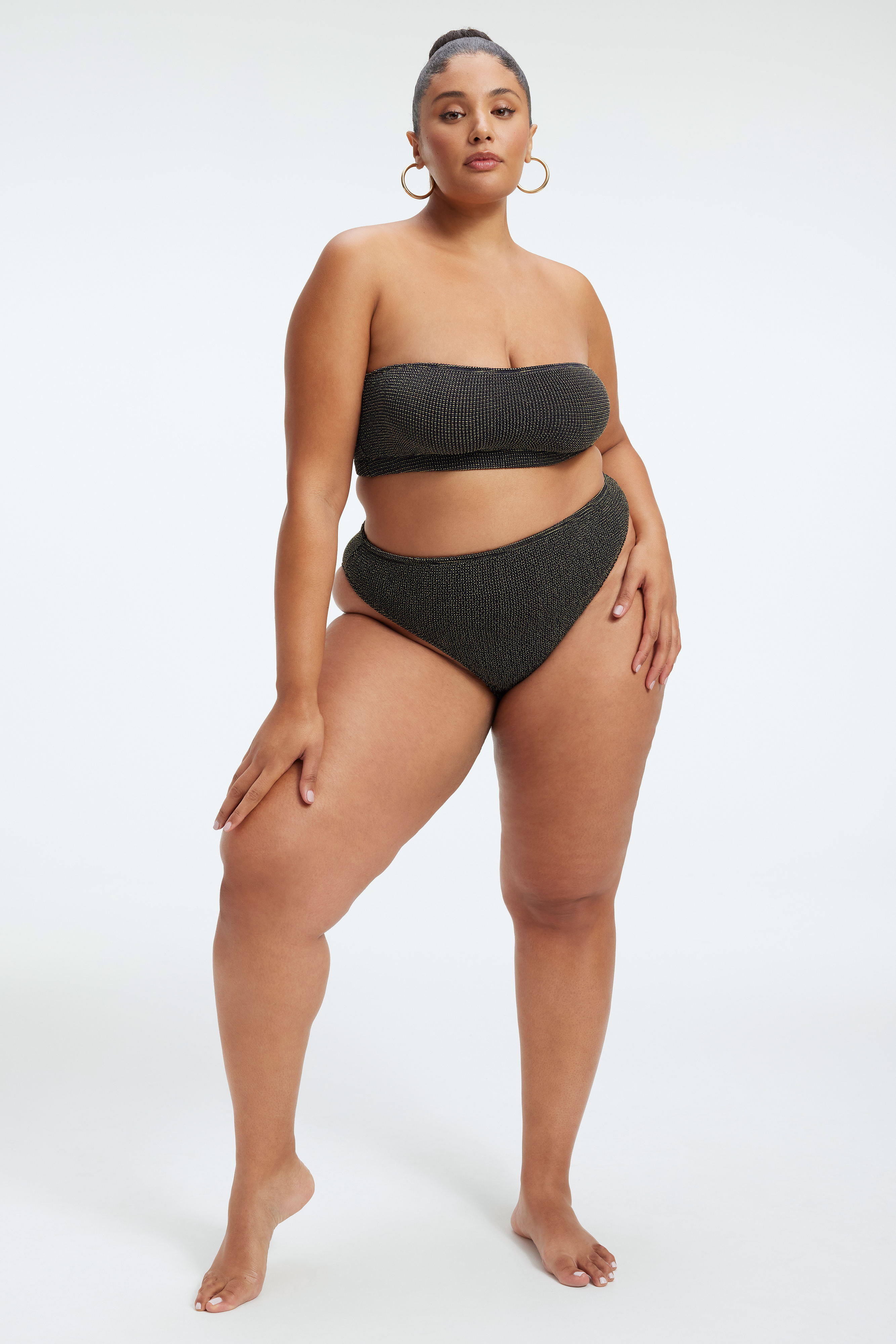 ALWAYS FITS METALLIC BIKINI BAND in BLACK001 styled with our ALWAYS FITS CHEEKY METALLIC BOTTOM in BLACK001, ALWAYS FITS METALLIC BIKINI BOTTOM in BLACK001, or ALWAYS FITS METALLIC MINI SKIRT in BLACK001