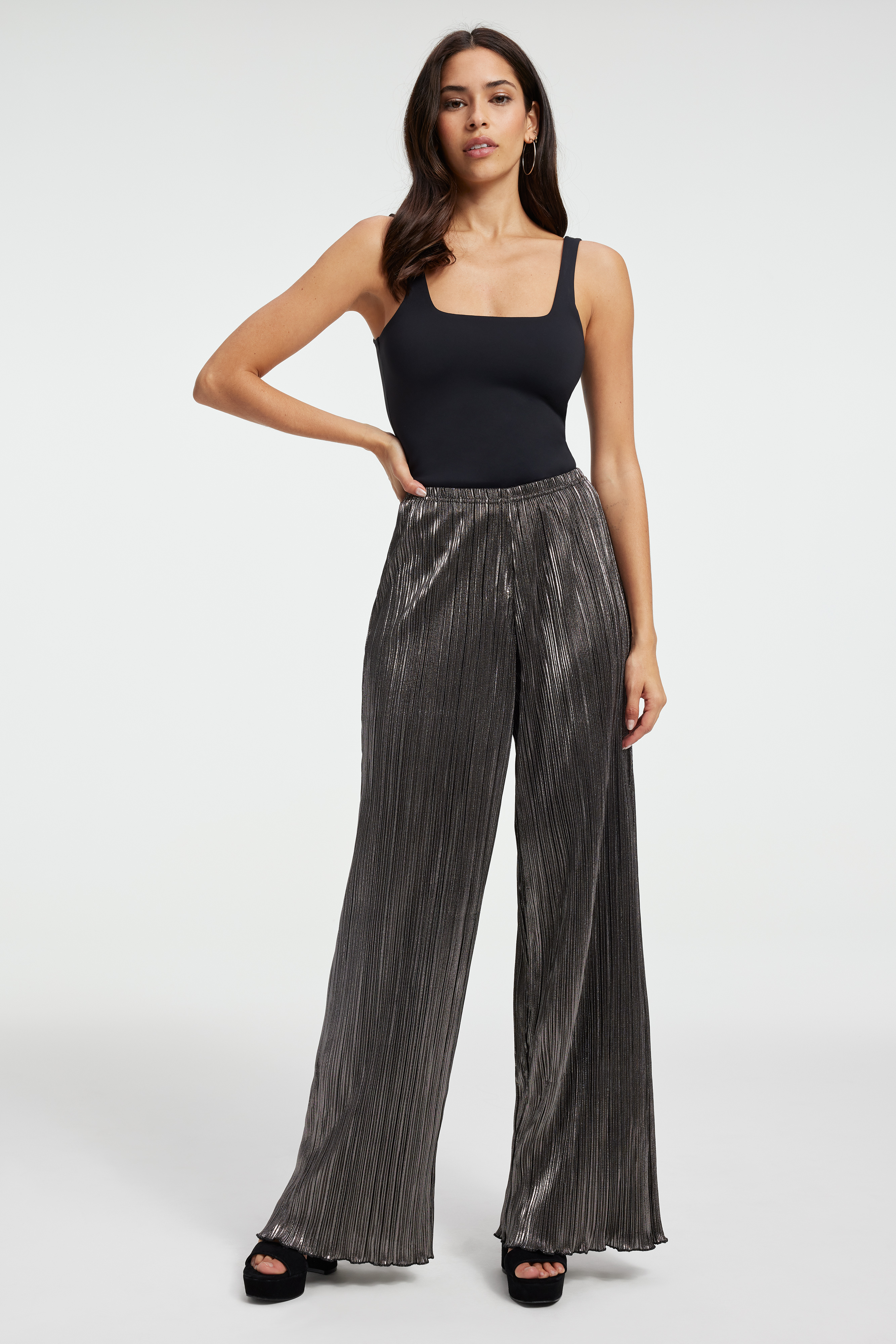 PLISSÉ PANT in CHROME003 styled with our SCUBA MODERN TANK BODYSUIT in BLACK001, SCUBA CREW BODYSUIT in BLACK001, or PLISSÉ DEEP V-NECK TOP in CHROME003
