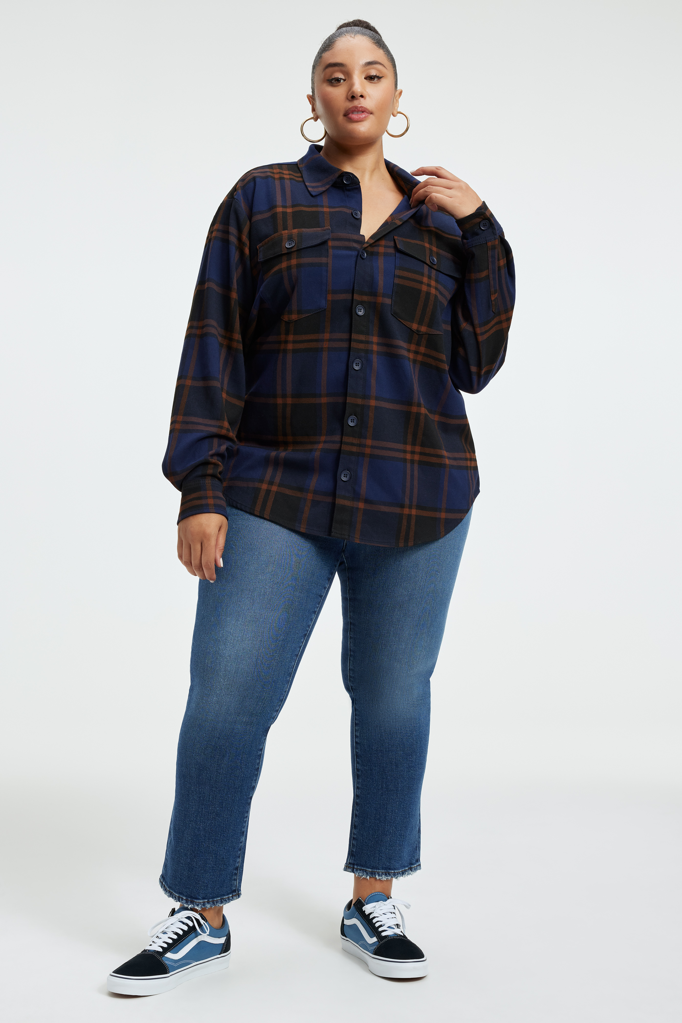 CLASSIC FLANNEL SHIRT in BLUE RINSE LARGE PLAID styled with our GOOD LEGS CROPPED MINI BOOT JEANS in BLUE811, GOOD LEGS CROPPED MINI BOOT JEANS in INDIGO350, or GOOD CLASSIC BOOTCUT JEANS in BLACK162