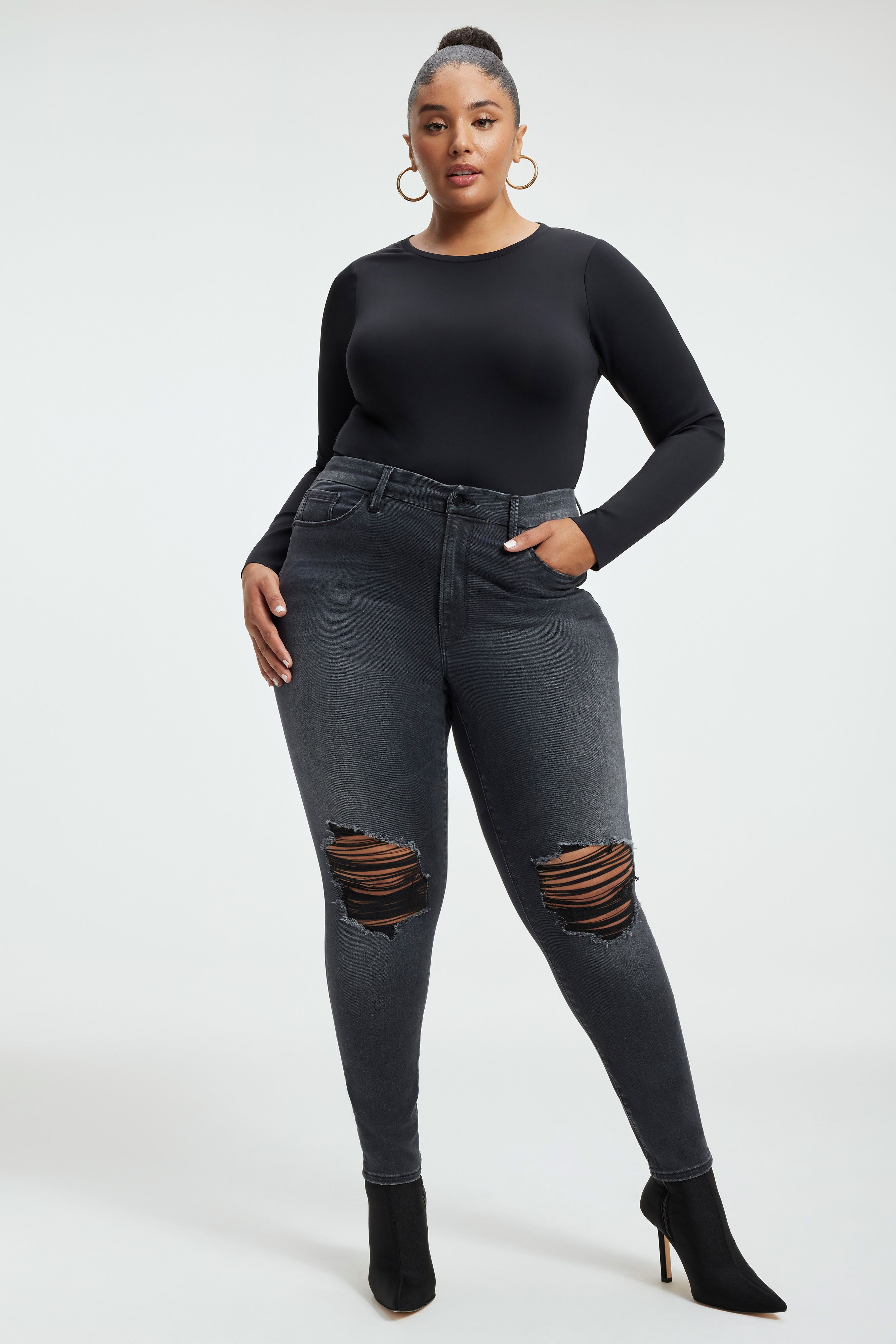 ALWAYS FITS GOOD LEGS SKINNY JEANS in BLACK252 styled with our SCUBA CREWNECK BODYSUIT in BLACK001, GOOD FORM CREWNECK BODY in BLACK001,