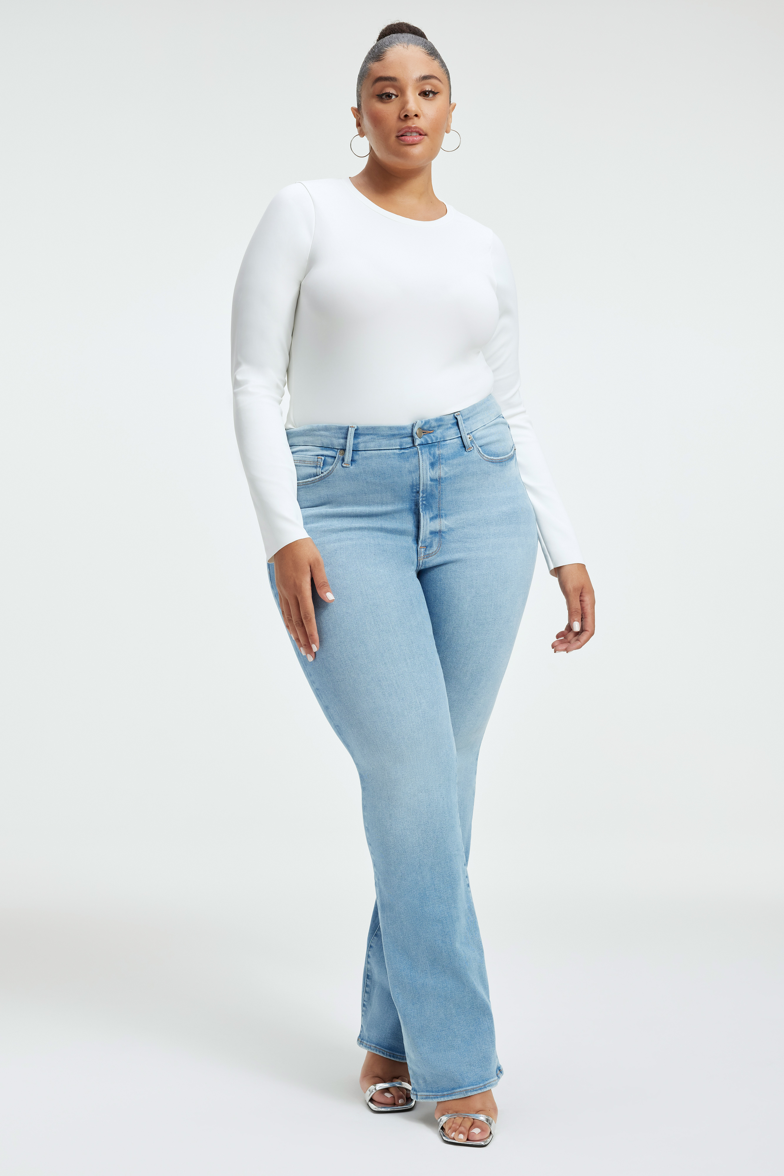 ALWAYS FITS GOOD CLASSIC BOOTCUT JEANS in INDIGO448 styled with our SCUBA CREW BODYSUIT in WHITE001, GOOD FORM CREWNECK BODY in WHITE001, or SCUBA FUNNEL NECK BODYSUIT in WHITE001