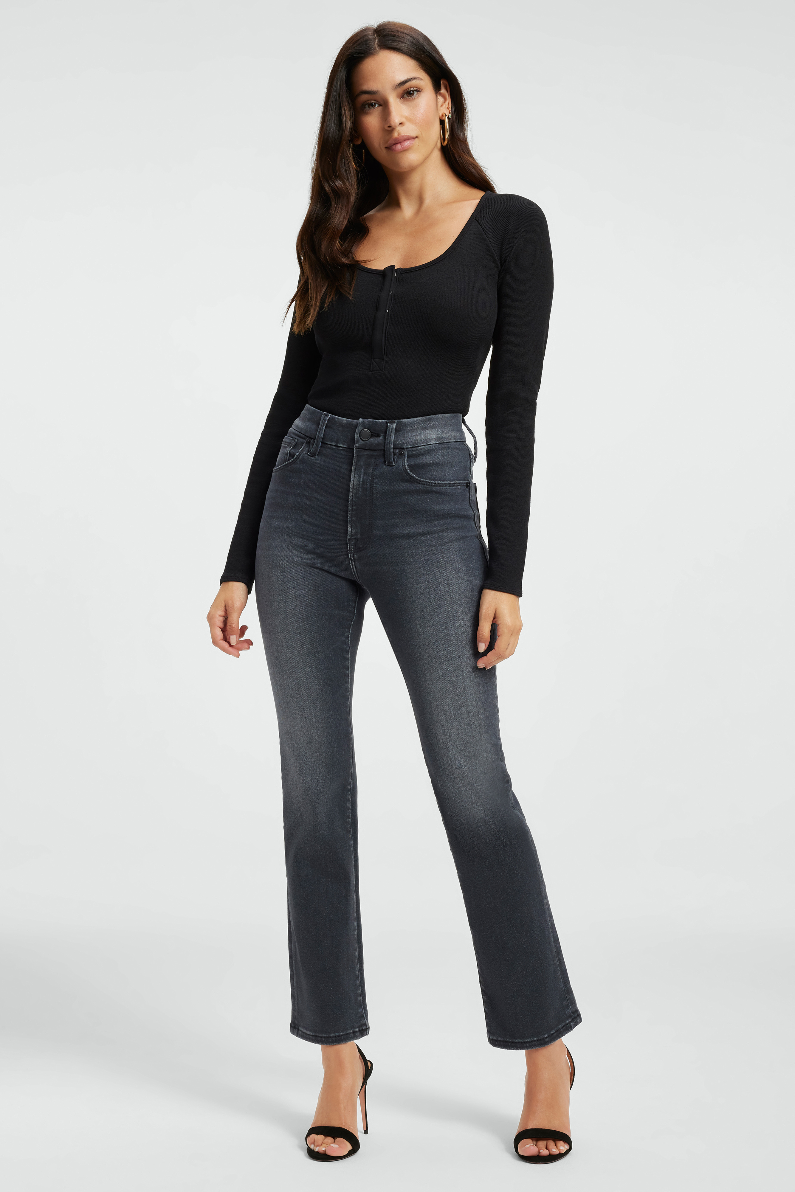 ALWAYS FITS GOOD STRAIGHT JEANS in BLACK253 styled with our THE FEEL GOOD LONG SLEEVE BODY in BLACK001, SCUBA MODERN TANK BODYSUIT in BLACK001,