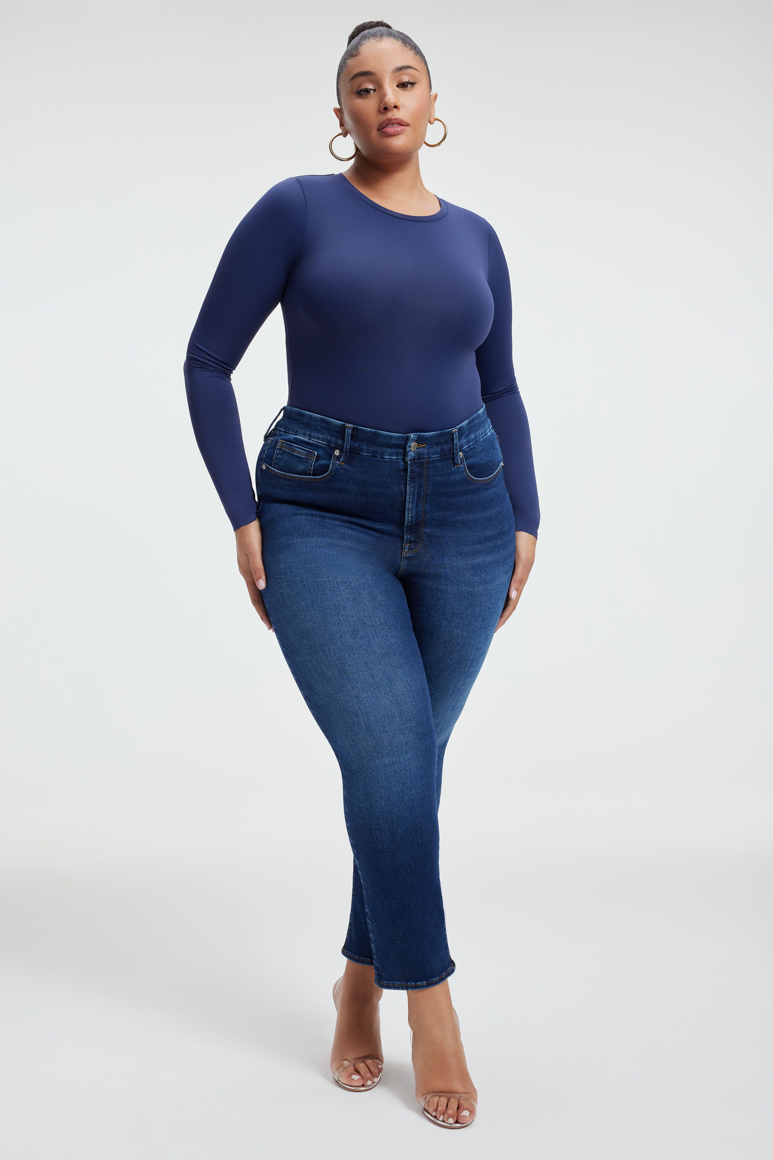 ALWAYS FITS GOOD LEGS CIGARETTE JEANS in INDIGO446 styled with our SCUBA CREWNECK BODYSUIT in BLUE RINSE, SCUBA MODERN TANK BODYSUIT in BLUE RINSE,