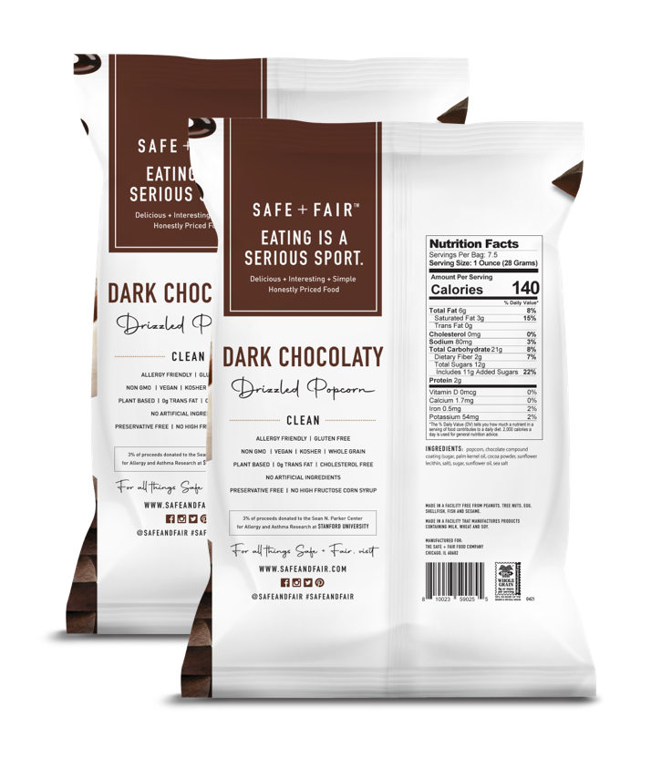 Dark Chocolate Drizzled Popcorn Two Pack | Safe + Fair | Clean