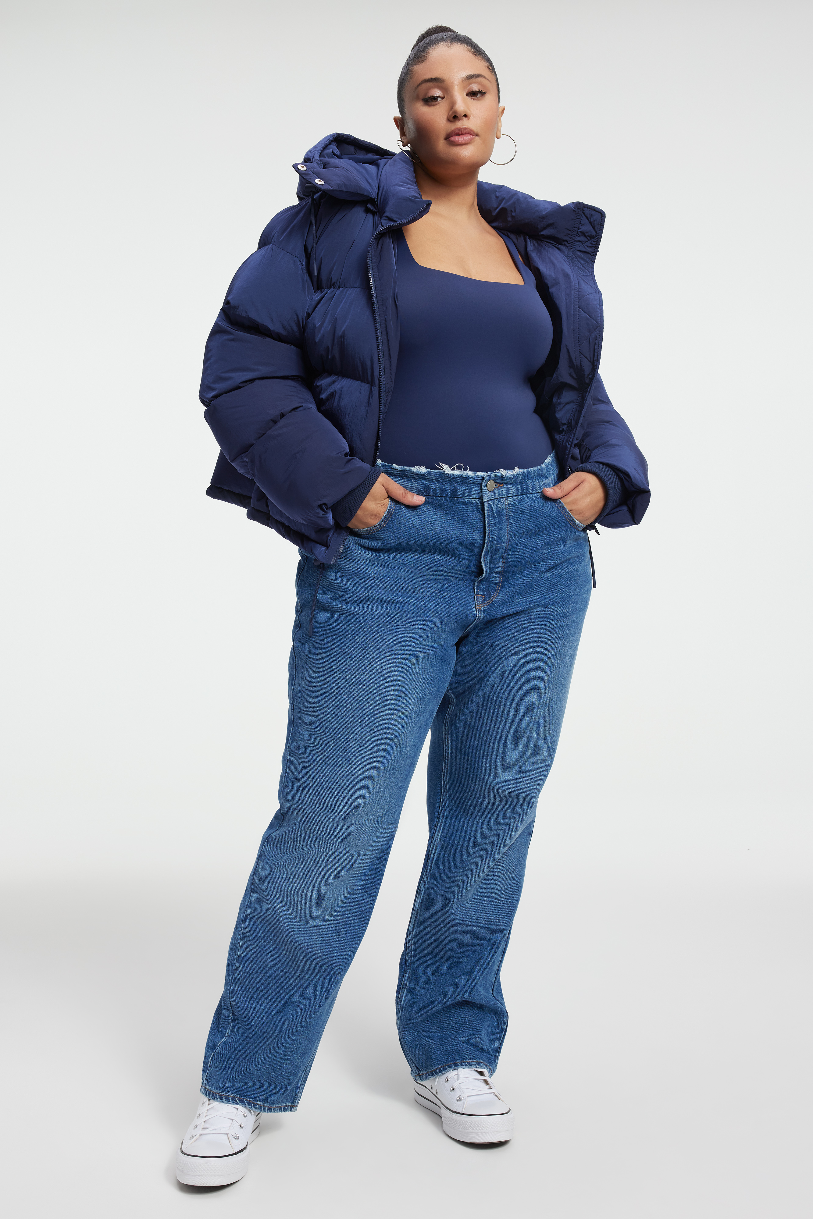 IRIDESCENT PUFFER in BLUE RINSE styled with our SCUBA MODERN TANK BODYSUIT in BLUE RINSE, GOOD '90S in BLUE541, or GOOD '90s LOOSE RAW HEM in INDIGO163