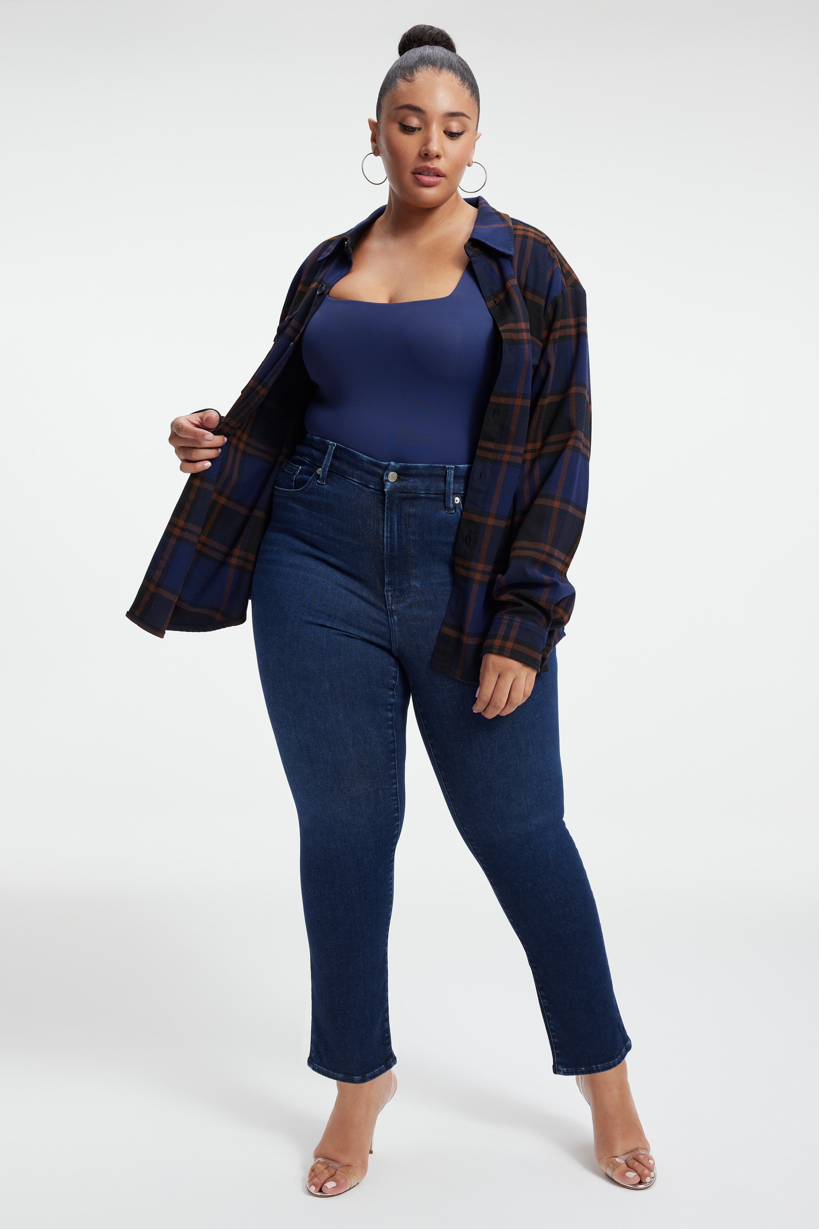 SCUBA MODERN TANK BODYSUIT in BLUE RINSE styled with our GOOD LEGS CROPPED MINI BOOTCUT JEANS in BLUE811, or GOOD LEGS CROPPED MINI BOOTCUT JEANS in INDIGO350
