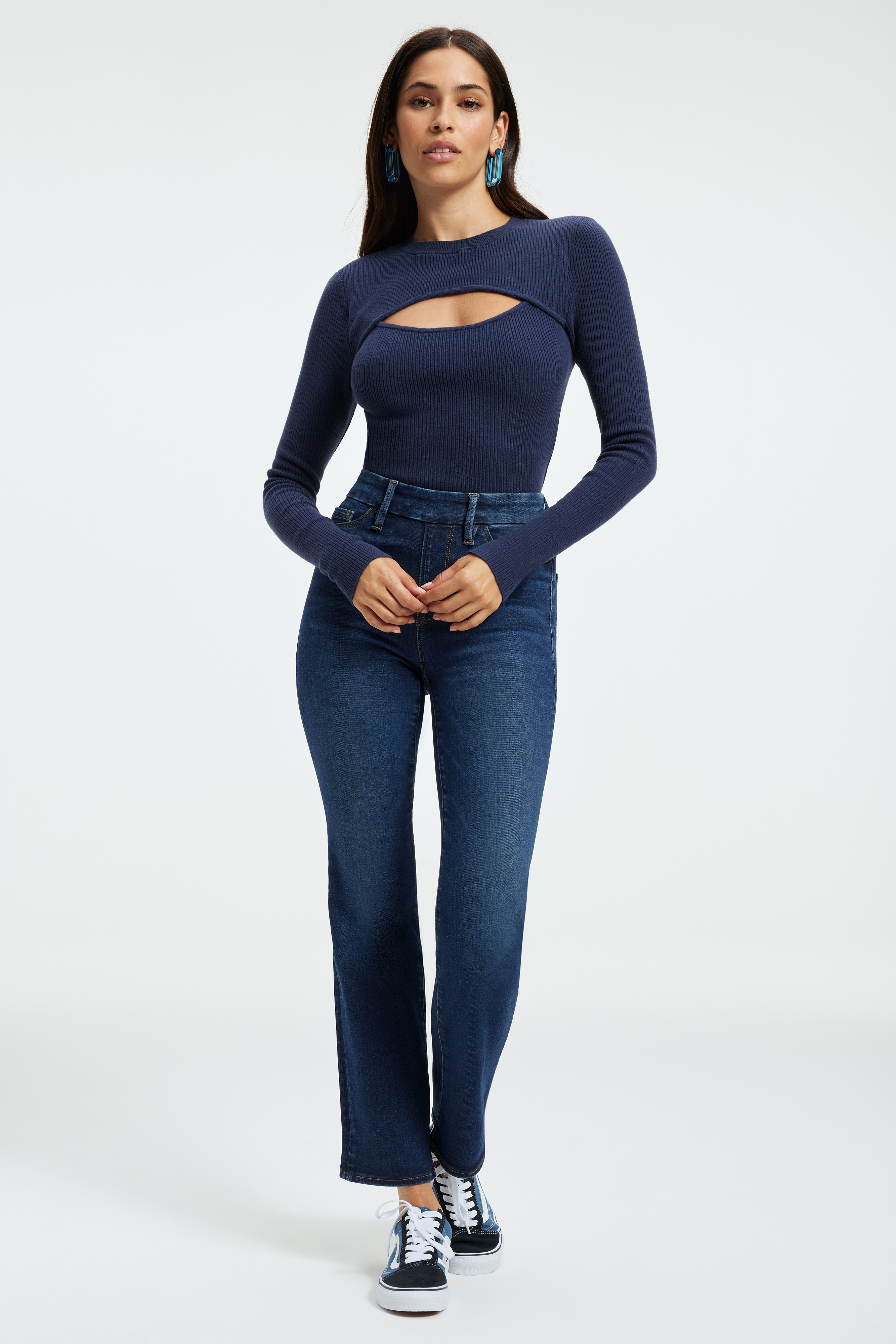 KNIT CUT-OUT TOP in BLUE RINSE styled with our ALWAYS FITS GOOD CLASSIC SLIM STRAIGHT JEANS in BLUE822, GOOD LEGS STRAIGHT JEANS in INDIGO032, or ALWAYS FITS GOOD LEGS SKINNY JEANS in INDIGO233