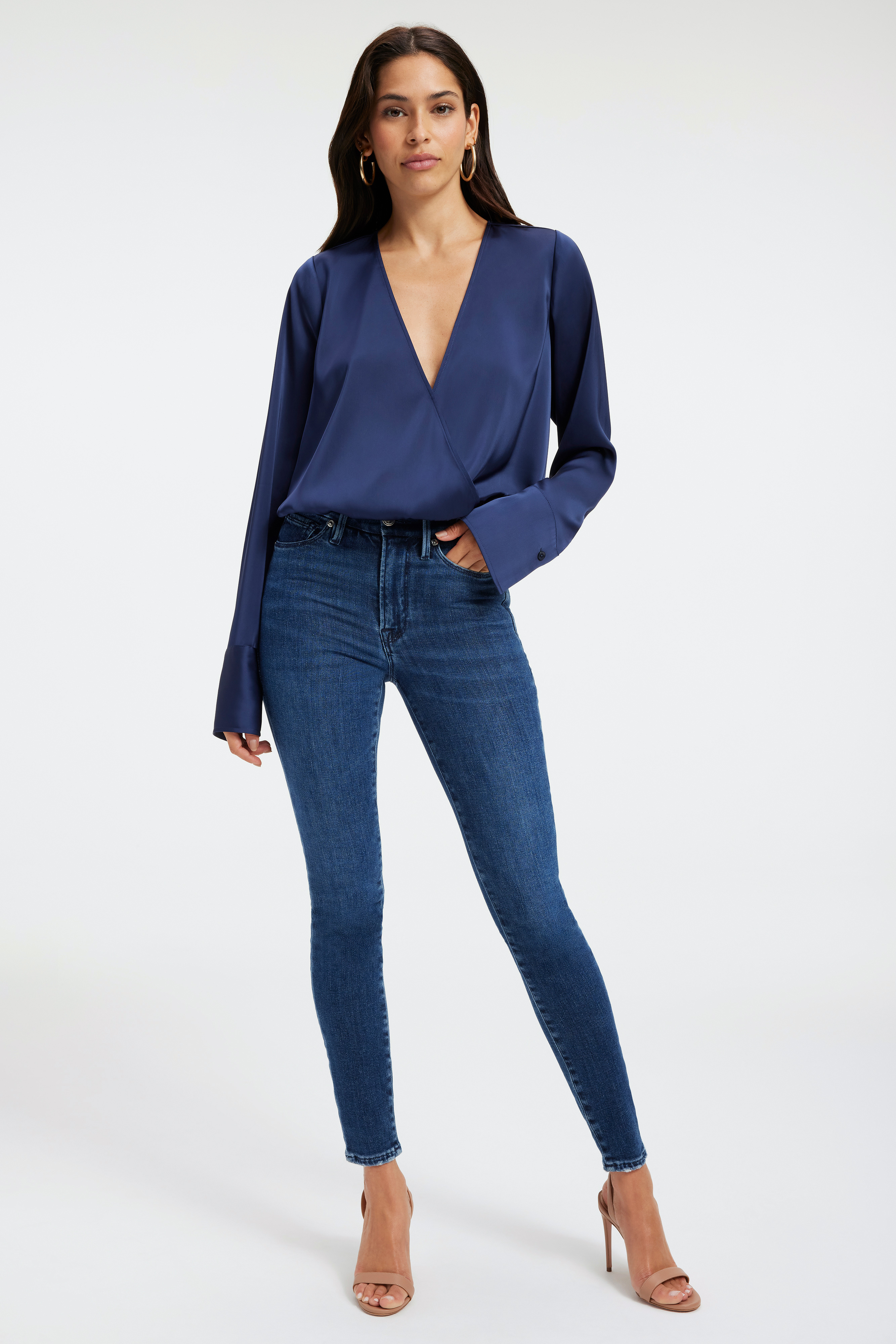 Styled with SATIN WRAP TOP | BLUE RINSE