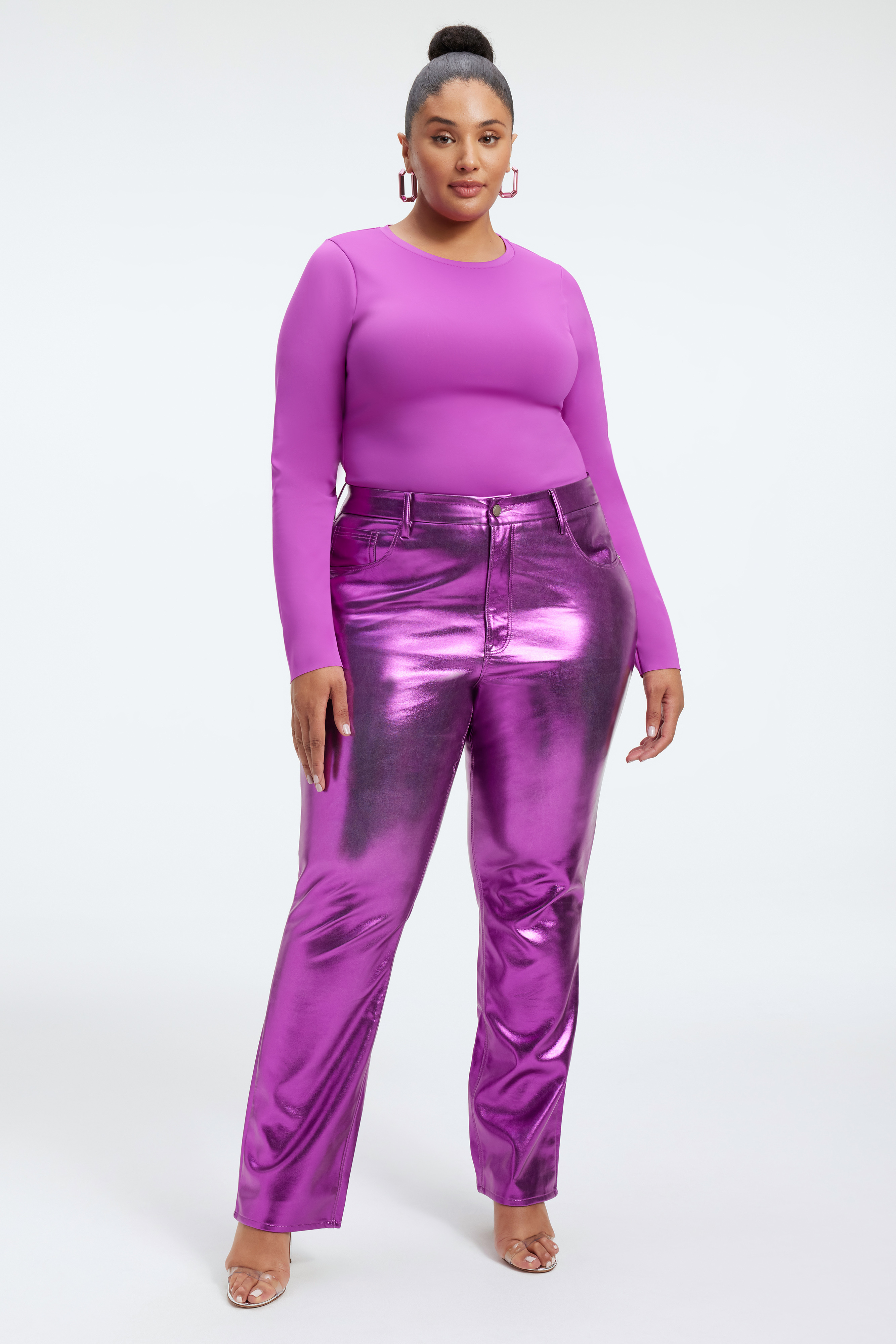 SCUBA CREWNECK BODYSUIT in POWER PURPLE styled with our COMPRESSION SHINE LEGGINGS in POWER PURPLE, or SUEDED FLEECE EXTRA WIDE LEG in POWER PURPLE