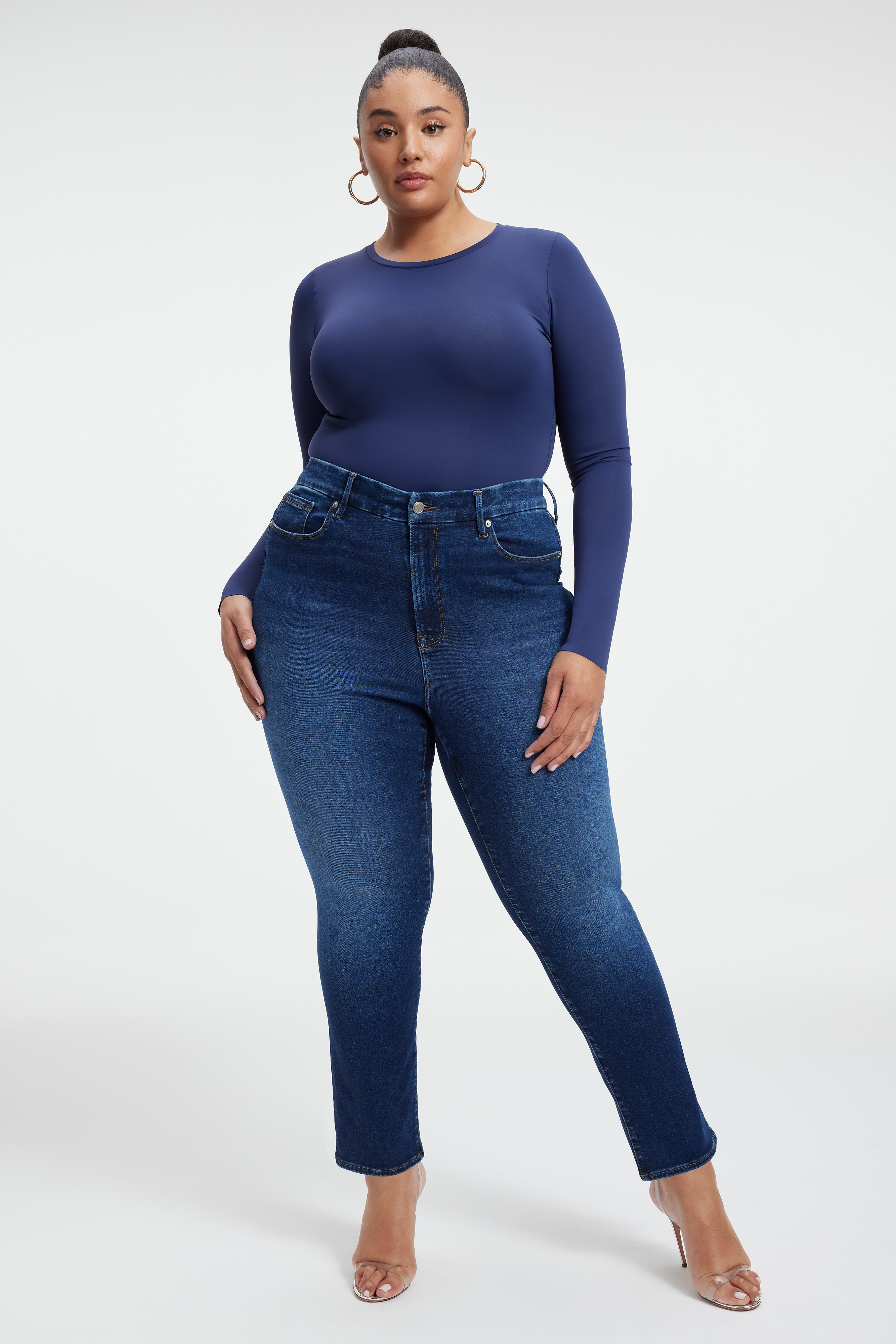 SCUBA CREWNECK BODYSUIT in BLUE RINSE styled with our GOOD LEGS CROPPED MINI BOOT JEANS in BLUE811, or GOOD LEGS CROPPED JEANS in INDIGO149