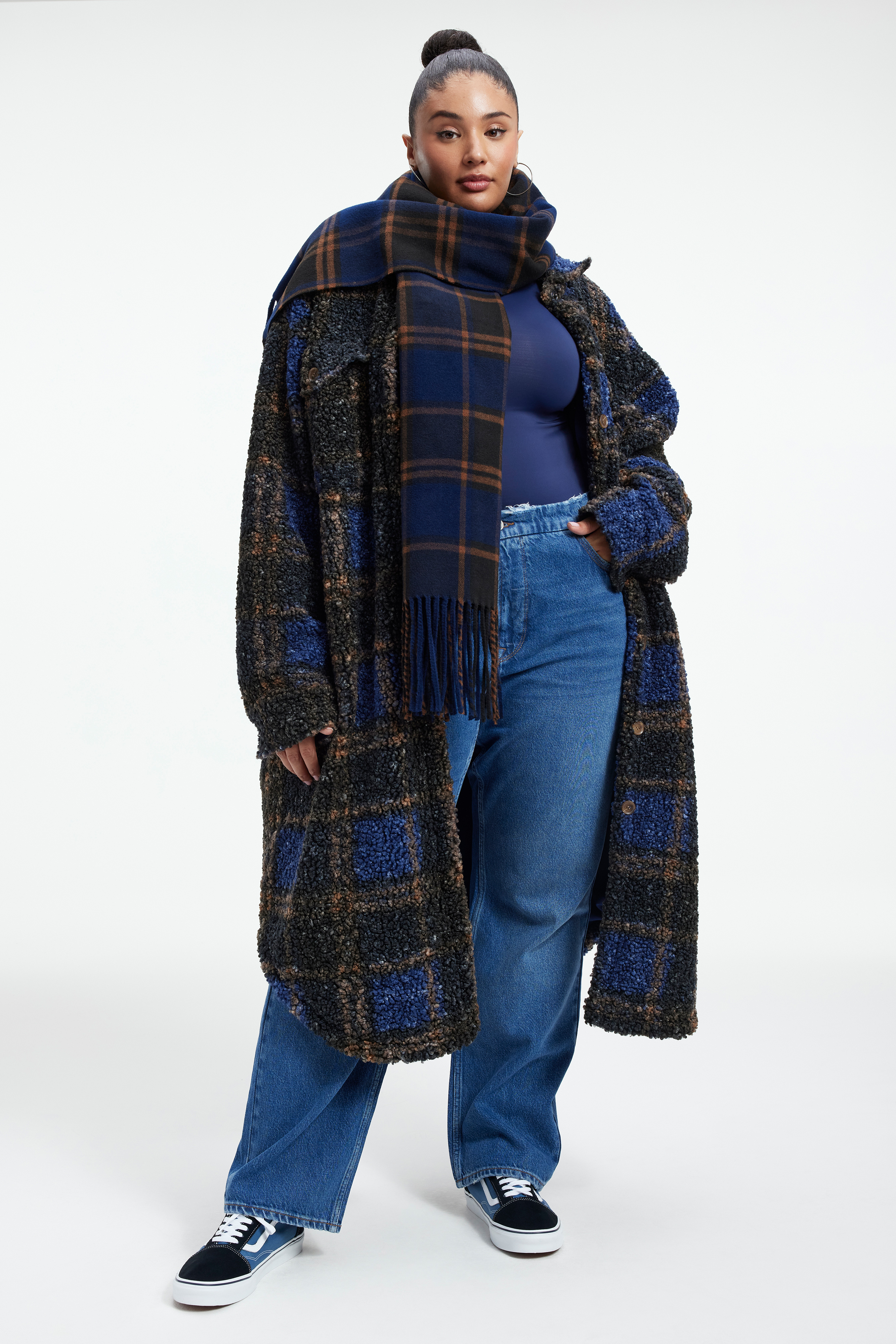 LONG SHERPA SHACKET in BLUE RINSE LARGE PLAID styled with our SCUBA CREWNECK BODYSUIT in BLUE RINSE, GOOD '90S in BLUE541, or GOOD '90s JEANS in INDIGO245