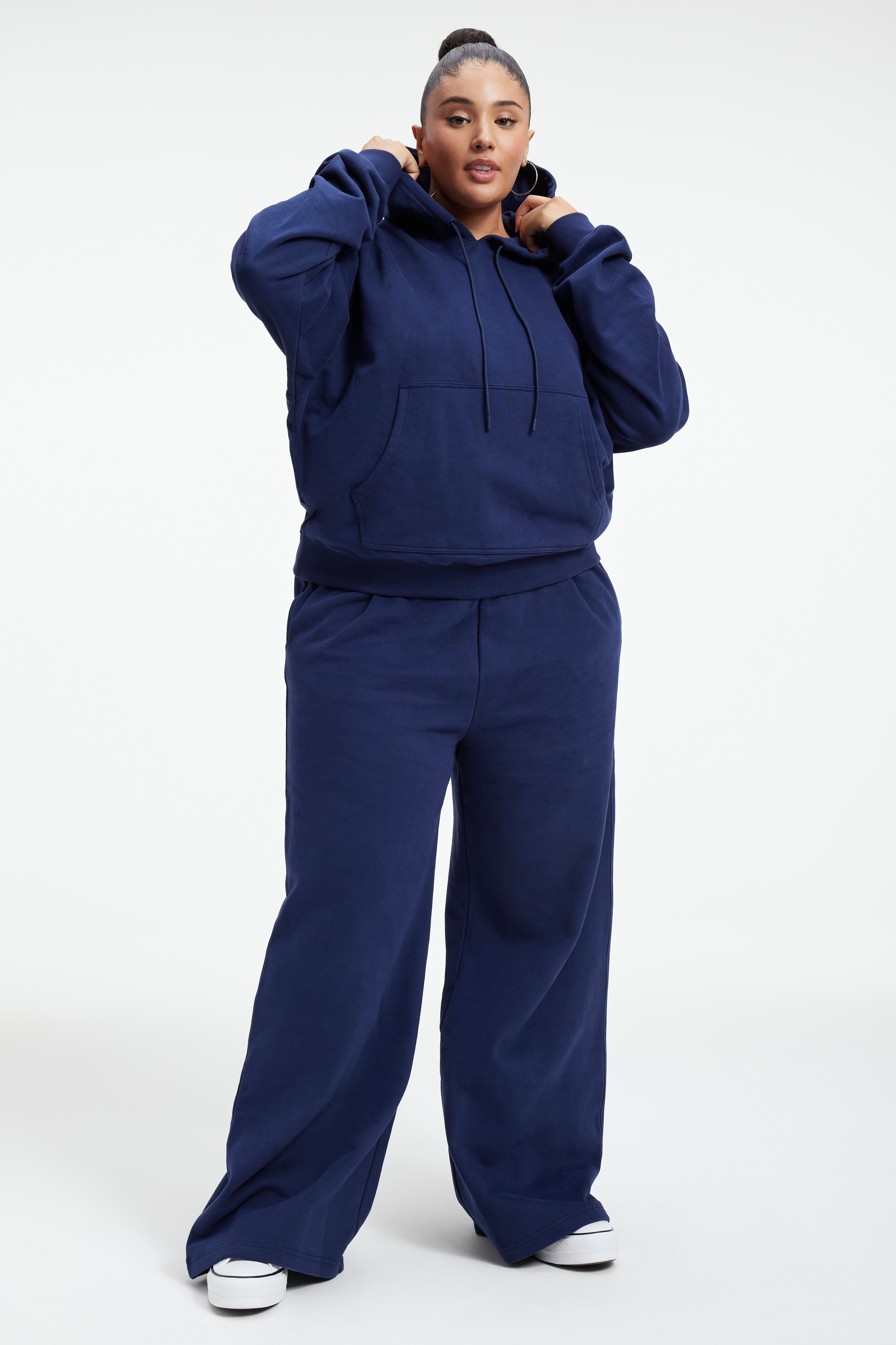 SUEDED FLEECE BOYFRIEND HOODIE in BLUE RINSE styled with our SUEDED FLEECE EXTRA WIDE LEG in BLUE RINSE, SCUBA CREWNECK BODYSUIT in BLUE RINSE, or SCUBA MODERN TANK BODYSUIT in BLUE RINSE