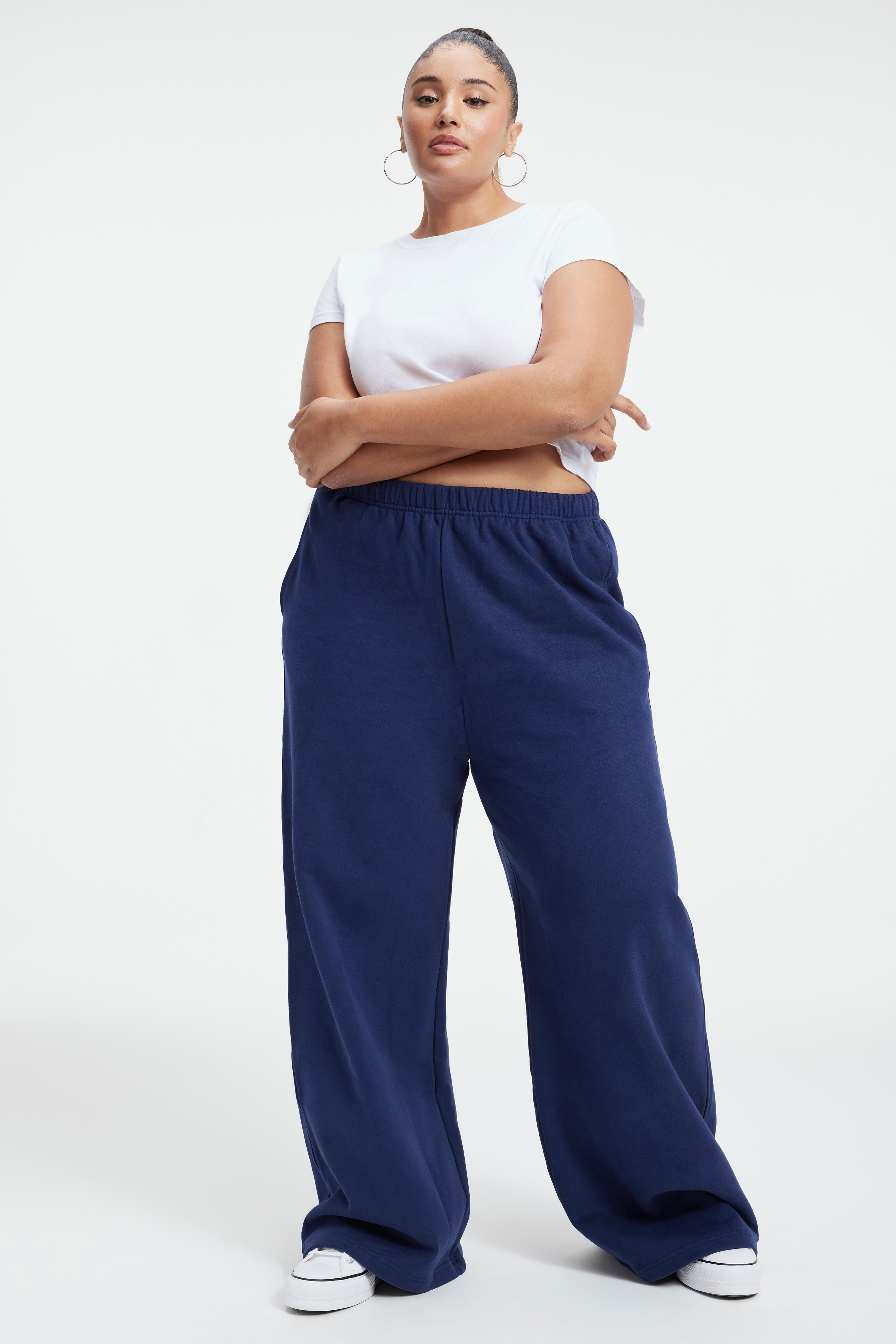 SUEDED FLEECE EXTRA WIDE LEG in BLUE RINSE styled with our SUEDED FLEECE BOYFRIEND HOODIE in BLUE RINSE, SCUBA CREWNECK BODYSUIT in BLUE RINSE, or SCUBA MODERN TANK BODYSUIT in BLUE RINSE