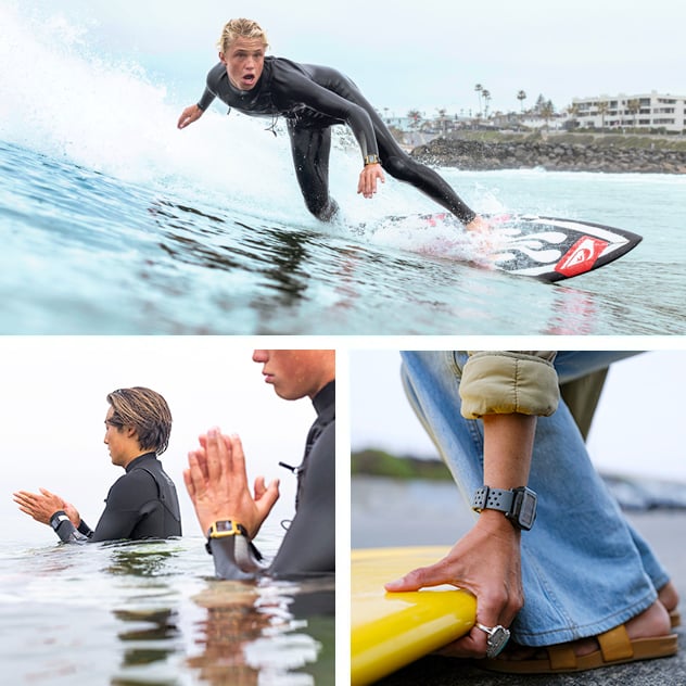 A collage of people enjoying their time in the ocean, surfing, wearing the Heat watch.