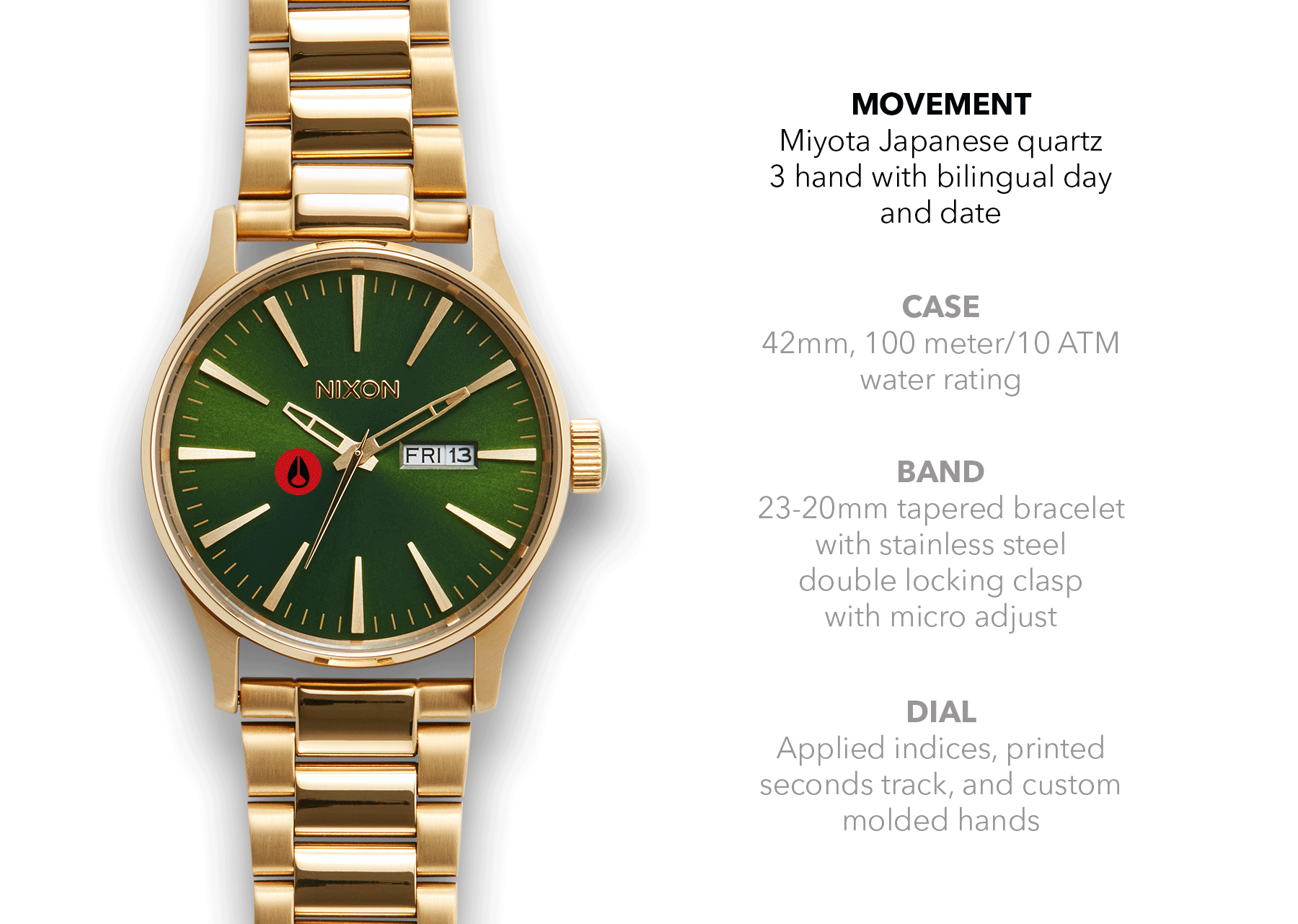 Sentry Stainless Steel Watch | Gold / Green Sunray | Men's